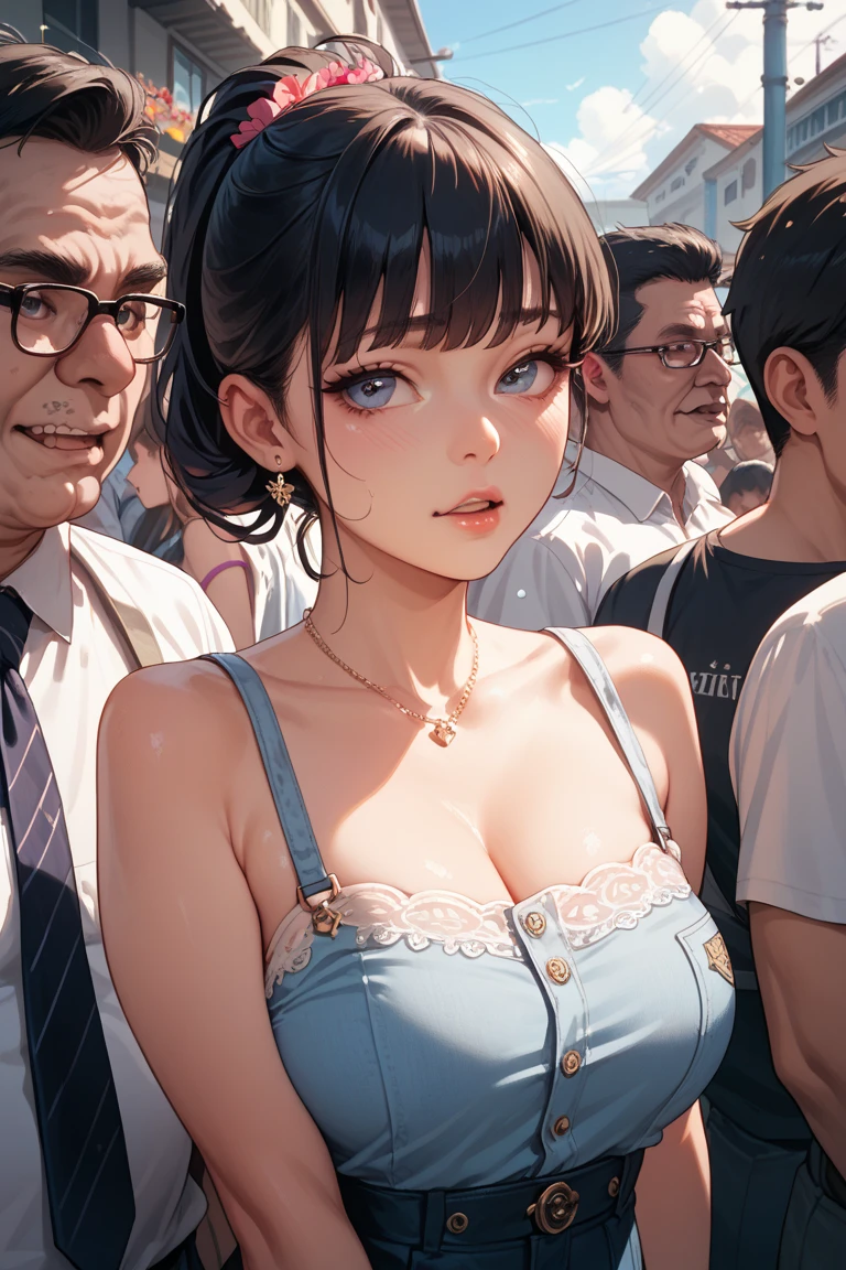 top-quality, (​masterpiece), professional photograpy, nffsw, the Extremely Detailed CG Unity 8K Wallpapers, Black-haired girl with middle bob hair, Medium chest、Troubled face,, White off-shoulder shirt and denim miniskirt, (skinny thigh), Earrings and necklaces, Make him a great avant-garde(ironman) Flying in the sky, SFW, VERY crowded subway train interior detailed scenario, VERY crowded subway train interior detailed background, standing insanely hot italian (woman 1) using sexy mini skirts, blushed face, (Petite old man&#39;hands play with women&#39;chest from behind), (((old small man pressing his chest on woman 1 back))) And (((Hug her chest behind your back)))