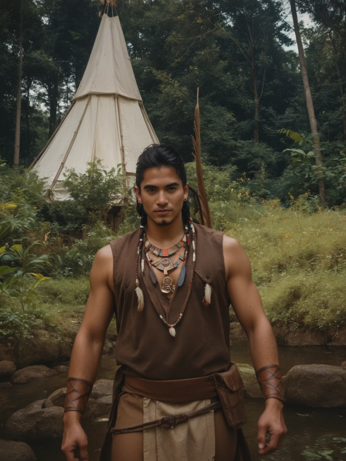 Create a high-quality photograph of a Brazilian indigenous warrior from the year 1450 AD. The warrior should be depicted with traditional war paint, based on historical accuracy. He is equipped with battle gear, including a bow, arrows, and a club (tacape). The attire and accessories should be inspired by the works of Jean-Baptiste Debret, reflecting the cultural and historical aspects of the indigenous inhabitants of Brazil. The warrior stands in a lush, dense jungle setting, with a focused and determined expression, ready for battle. The scene should be vibrant and detailed, capturing the essence of the era and the warrior's readiness for combat.