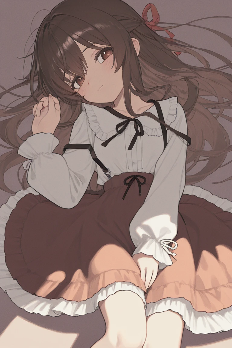 Masterpiece, Best Quality, extremly detailed, Cinematic lighting, intricate detials, hight resolution, official arts, finely detailed beautiful face and eyes, high-resolution illustration, 8K, dark intense shadows, 1girl, medium breast, long brown hair, copper hair tips, brown eyes, glasses, (swept bangs), maid uniform, dark blue dress, black shirt, puffy sleeves, long sleeves, white gloves, maid headdress, lace-up white panties, broken look, broken, blushing, tears, lying on the floor, cum, blood, cum and blood flowing out of pussy, bare breasts, pubic hair
