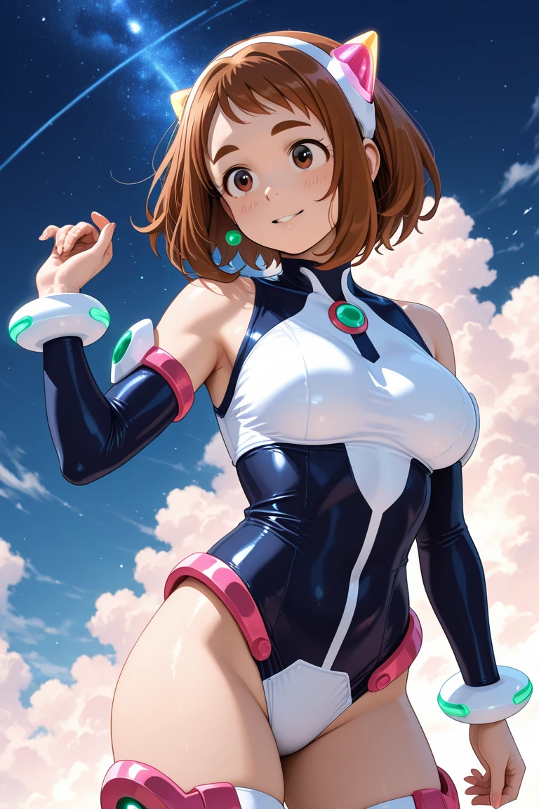 ((masterpiece, best quality;1.3)), ultra detailed, detailed background, 1girl, solo, smile, bodysuit,ochaco uraraka, looking at viewer, large breast,pink suits,, ((completely nude)), ((breasts and areolas exposed)), ((vagina and clitoris and vulva exposed)),
school background, zero gravity,realistic, galaxy, space, flying
