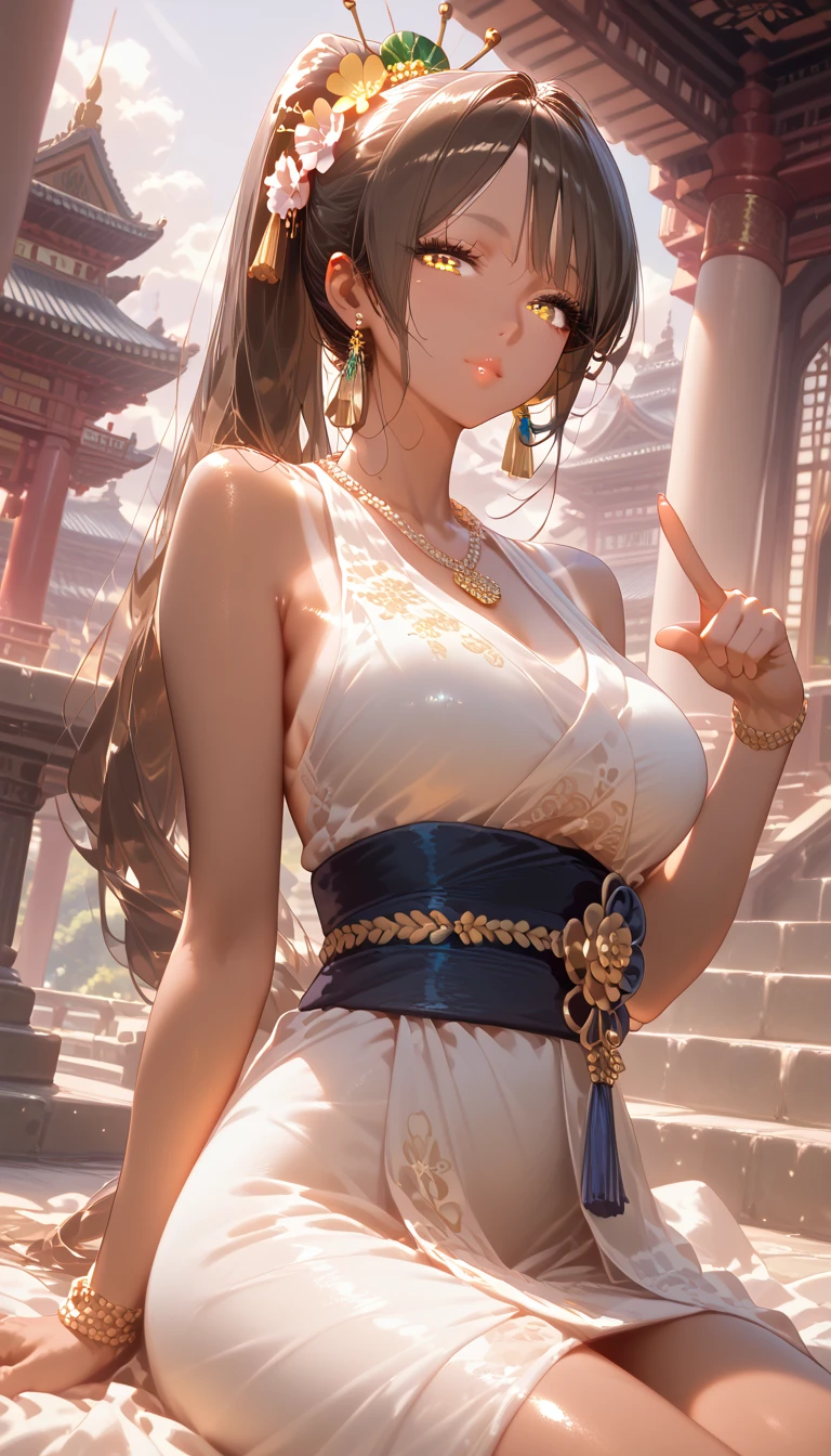 (Masterpiece:1.5), (((High qualityสุด, best quality, High quality))), ((complicated details, very detailed, Crazy details)), height, 32ก, Extremely detailed CG 8K unity wallpaper., (beautiful and beautiful:1.2),, (depth of field:1.3), (Flawless.:1.3), (Delicate depiction of details:1.4),
(((Abundant natural light, Delightful bright colors))), (Ambient volumetric backlight:1.5),  (Illustration of an extremely beautiful young woman:1.3),
(upper body:1.4), (perfect center:1.4), (Natural willow pose:1.5), (((dynamic poses, movie corner))),
(1milf:1.5), (alone:1.4),
beautiful beautiful face, [(detailed face:1.2):0.2], Bright eyes, Pure Rose Face_v1, ulzzang-6500-v1.1,  (gag:1.5), (red lips:1.4), (full lips:1.4), (smile:1.3),
Flawless attractive body, (((The feminine curves are pronounced.))), Skin glows brightly., realistic skin, hair follicles, (((Tightening belly, navel, Groin:1.3))),
(((Golden thread flutters.))), (Fringed tassels:1.3), (Tight long sleeves:1.4), (Single neck), (The invention shines.:1.5),(Strapless Thai dress with no straps:1.3),(Show your breasts,The crevice is clear.), (Elegant and intricate clothing accessories:1.5), (Embroidery work decorated with gems:1.4), (sparkling clothes:1.4), (sparkling particles:1.3), (((The front seam is sagging., Sagging back seam))), (((earring, armband, Hair clips, hair accessories))), (Stand alone in a magical outdoor garden decorated with gems and colorful exotic flowers and shrubs.:1.5), (Outside the great ancient palace:1.5), (((full body))),(((ขับnavel,List of dances,Thai Dance)))
