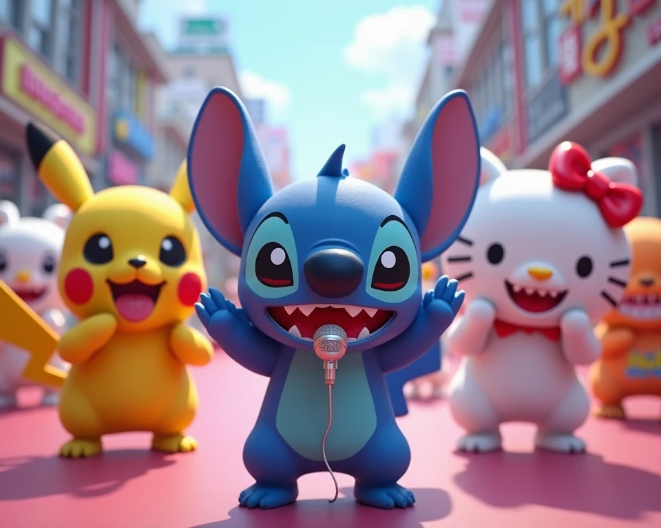 Pikachu, Stitch, Baby Shark, Hello Kitty characters are all in an idol unit singing K-Pop group sensation, all have microphones and singing and choreographed dancing together to film the music video to their hit song "Don't toy with me!" for Korean TV, 3D, Shibuya, running, masterpiece, 
