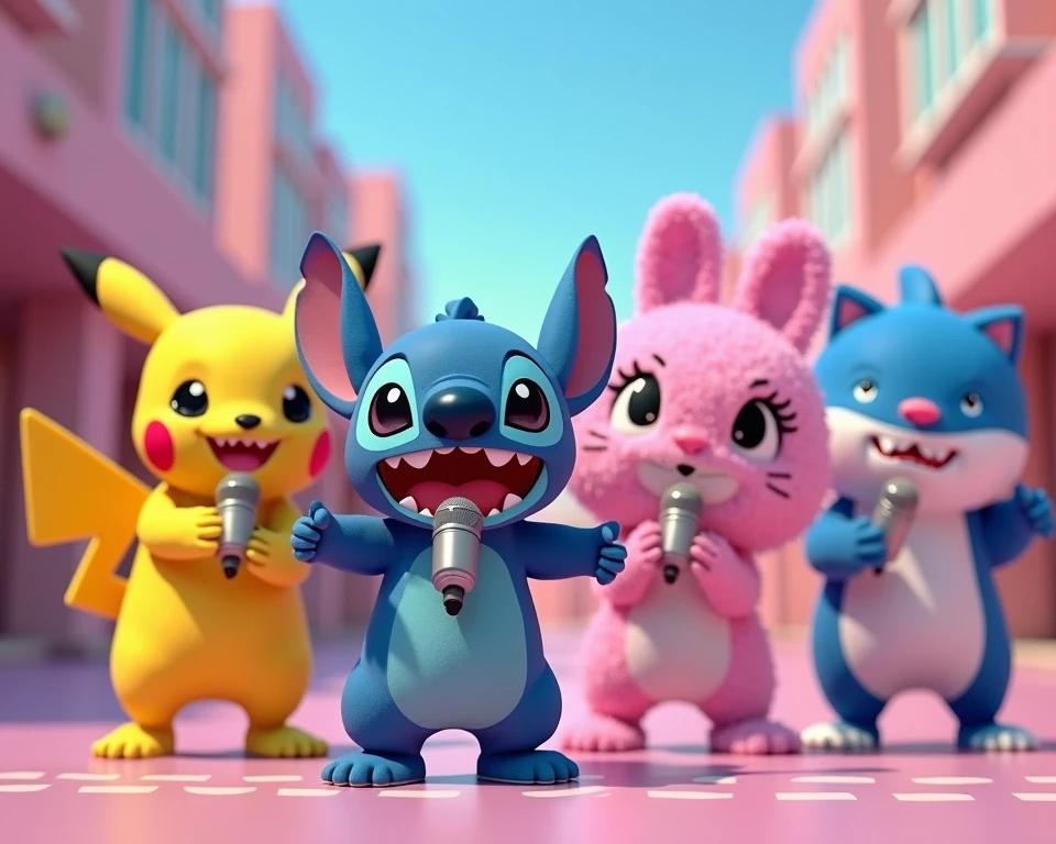 Pikachu, Stitch, Baby Shark, Hello Kitty characters are all in an idol unit singing K-Pop group sensation, all have microphones and singing and choreographed dancing together to film the music video to their hit song "Don't toy with me!" for Korean TV, 3D, Shibuya, running, masterpiece, 
