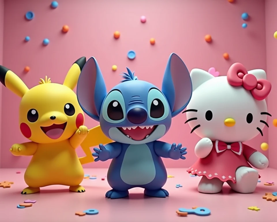 Pikachu, Stitch, Baby Shark, Hello Kitty characters are all in an idol unit singing K-Pop group sensation, all have microphones and singing and choreographed dancing together to film the music video to their hit song "Don't toy with me!" for Korean TV, 3D, Shibuya, running, masterpiece, 
