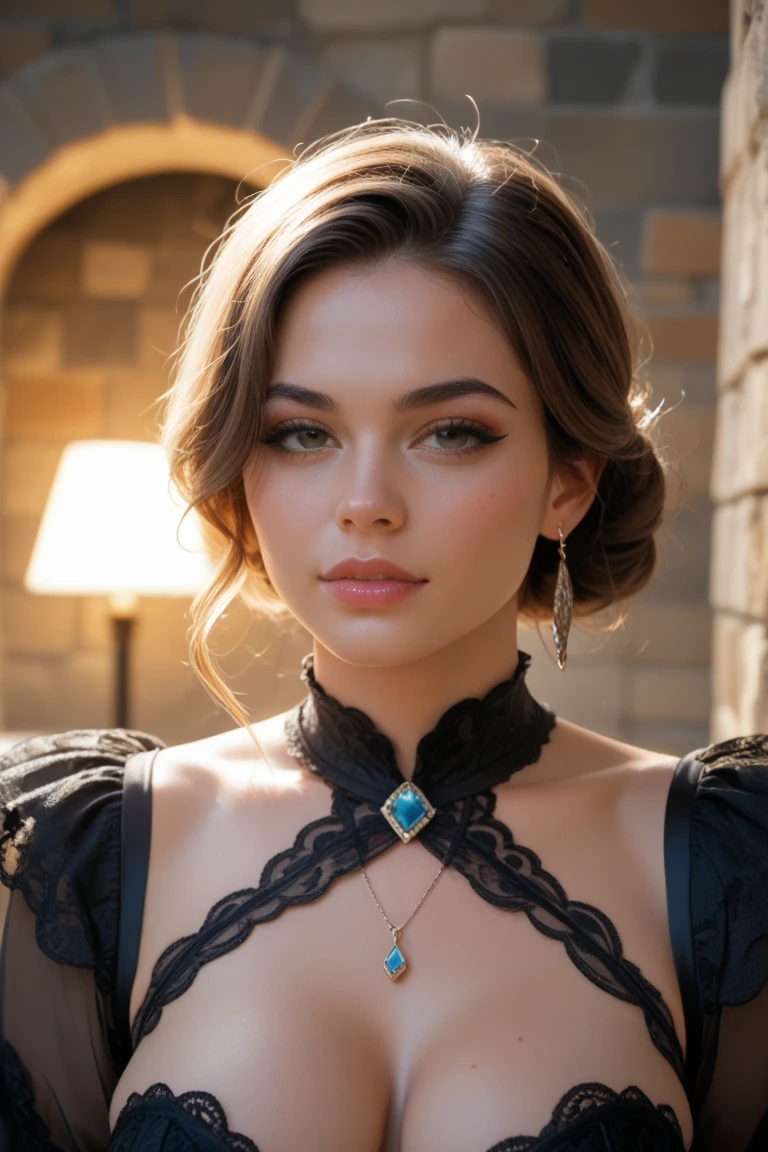 masterpiece, best quality, highly detailed, 1girl, solo, Victorian governess, choker, , looking at viewer, smile, blush, Wide Smile, Eyes Detailed & Wide, sexy Pose. Black hair, tight bouncy jet black ringlets of hair tied in a messy bun., Ultra HD, Rococo-Inspired Fantasy Art With Intricate Details. Cute, Charming Expression, Alluring-Gaze, looking at viewer Beautiful Eyes, An-Ideal-Figure. Large Youthful Well-Shaped-Breasts, Massive-Round-Bosom, Décolletage. slim waist, fit body, full lipsWarm lights , woman in a dreamy forest at night, with fluffy hair, delicate face, realistic, real, slim, large aperture, sexy shots, attractive poses,Stunnin gly beautiful merge of Alison Brie, Scarlett Johanson, Selena Gomez, symmetrical face, photorealistic, photography, path tracing, specular lighting, volumetric face light, path traced hairmaximum quality{(masutepiece) (8K High Resolution) (top-quality) In the style of breath of the wild.