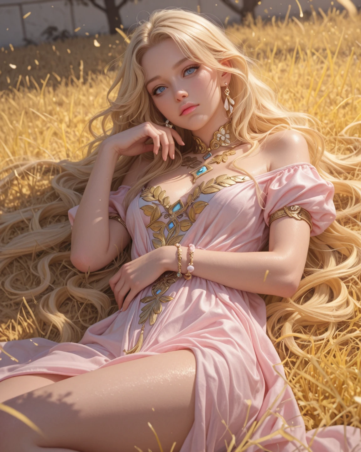((Ultra High Quality)),((Smooth image)),((Realistic 3D image)),((Light pink dress)),((Open from shoulders to chest)),((Short dress)),((Wearing sandals with bare feet)),((No underwear)),((Grassland)),((The wind is blowing),(Hair is long)),((One person),((18-year-old pretty beautiful girl)) ,((Full body appearance)),((Beautiful nipple shape)),((Middle chest))