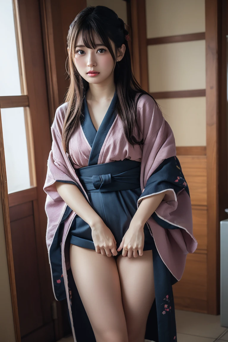 meticulous portrayal of face,1 noblewoman,(Hairpins),(Camellia kimono),(Long flowing colored hair),Simple and elegant Japanese clothing,Collar, the perfect face,Perfect Finger, perfect eyes,Extremely normal body,Ancient Japanese town background,Perfect background,Beautiful looks,Clear Eyes,Leanness,Bare feet and wooden clogs,The intelligent sparkle in his eyes,Barefoot indoors,If outdoors, wear geta,A pure and beautiful girl,Kimono underwear,Thin undergarments,No underwear rule,Are thin,Thin legs,thin thighs,the waist is very thin,Small breasts,Flat Bust,Small butt,Thin and small hips,The lower body is thin,Underwear is beige or pale pink,