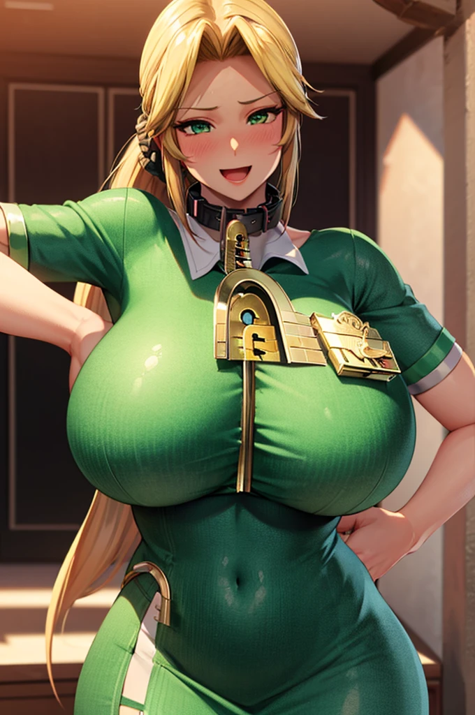 ((Masterpiece, Best Quality, detail face, detail eyes)), ((anime style))illustration, ultra-detailed 8K, realistic, clear focus, highly detailed, professional lighting, colorful details, rainbow colors BREAK factory super long shot, microchip, computer, luminescence, intricate details, shitu-mecha, ((1mature female)), 4 head body proportions in front of the audience, navel, toxic yellow hair, yellow eyes, toxic yellow and toxic green armour, ponytail, ((chubby)), ((massive boobs)), big belly, (massive ass)