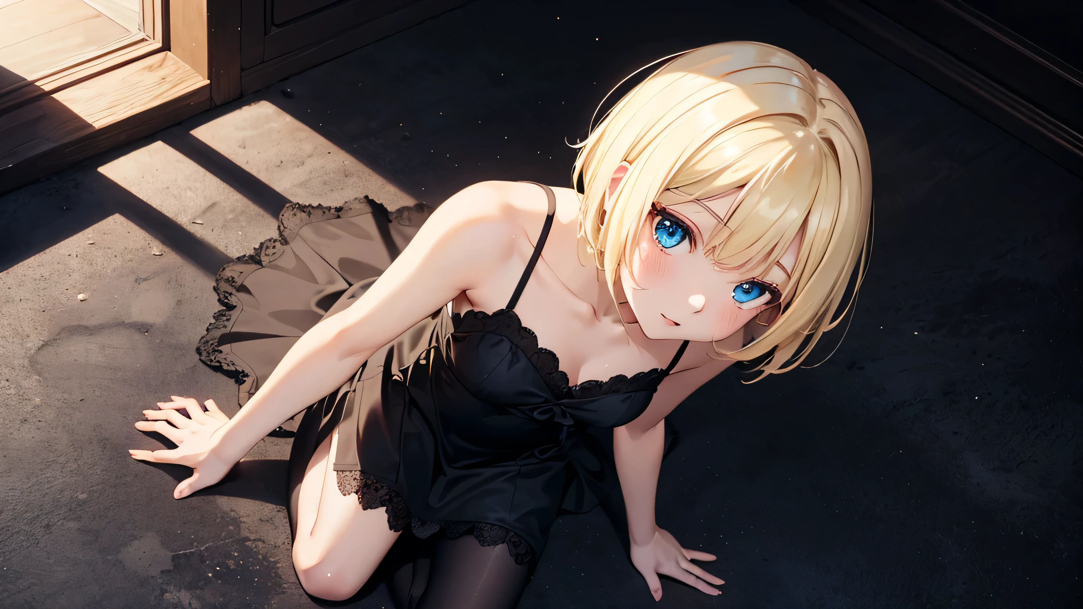 masterpiece, best quality, ultra detailed, ultra high resolution, very detailed face, solo, anime, 20 years old girl, slim, (((lace underwear))), (((crawl on all fours))), ((golden short hair)), medium breast, little smile, in the room