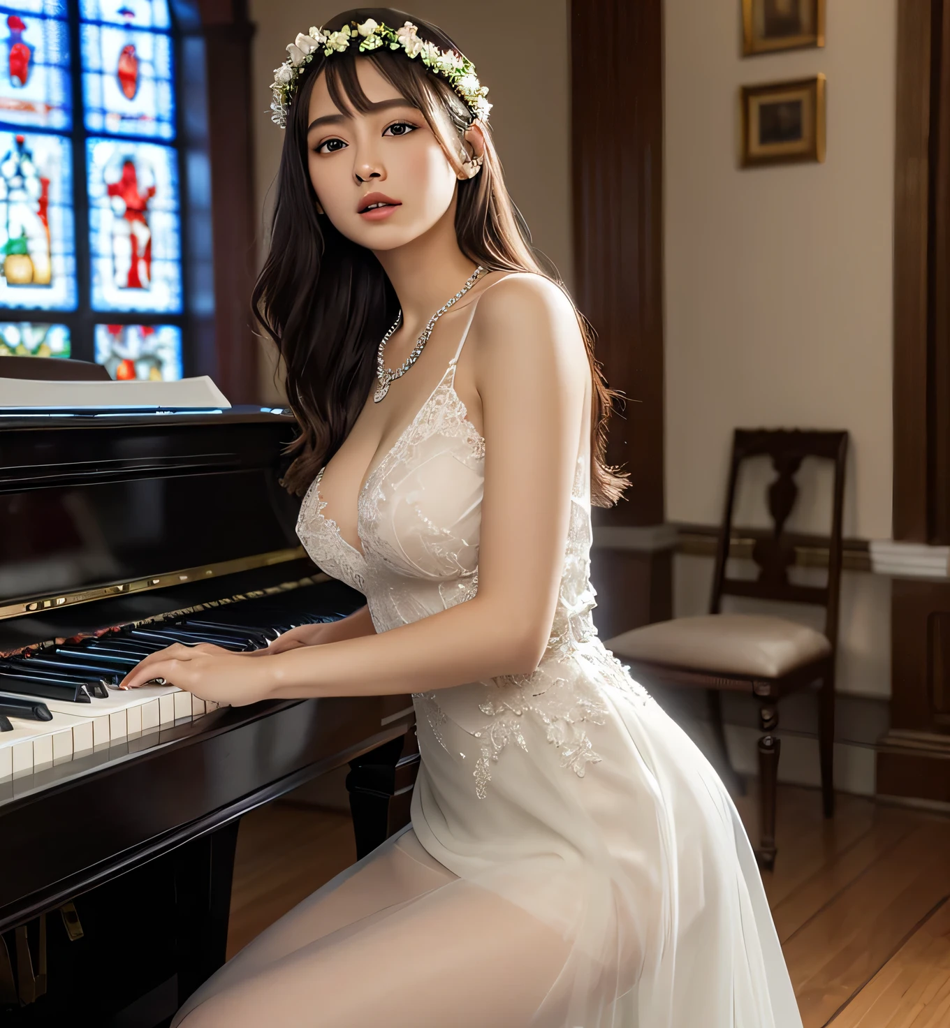 (Piano Playing 1.9) (Hyperrealism), (Illustration), (High resolution), (8K), (Super Detailed), (The best illustrations), (Beautiful detailed eyes), (the highest quality), (Very detailed), (MASTERPIECE), (Wallpaper), (Detailed Face), Solo, (Dynamic Pose), 1 woman, White wavy hair on a chair, South Korean, Dichromatic eyes, Small moles under the eyes, ((Short apron)), medium breasts, Long Legs, Tighten the abdominal muscles, (camel toes), (no panty), (No bra) (Piano Playing 1.8)