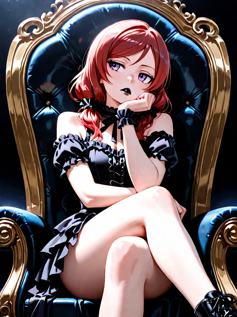 woman, curly red pixie cut hair, green eyes, wearing crop top black shirt, long black jacket, red plaid skirt, (black knee high boots), black fingerless gloves, exposed shoulders, (full body), large breasts freckles, cleavage, abs, looking at viewer, masterpiece, best quality, an14, Holo-Punk Style, sitting on chair
