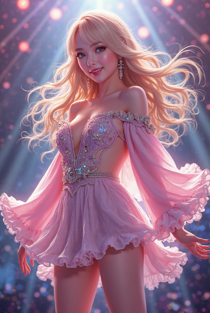 beautiful alluring (blonde barbie) posing for photoshoot (on red carpet)! with (bright smile)!, happy, (blonde wavy hair) wearing (pink ball gown), (prom dress), busty, surrounded by (illuminating fireflies), colorful, idyllic, (80s animation) --auto --s2