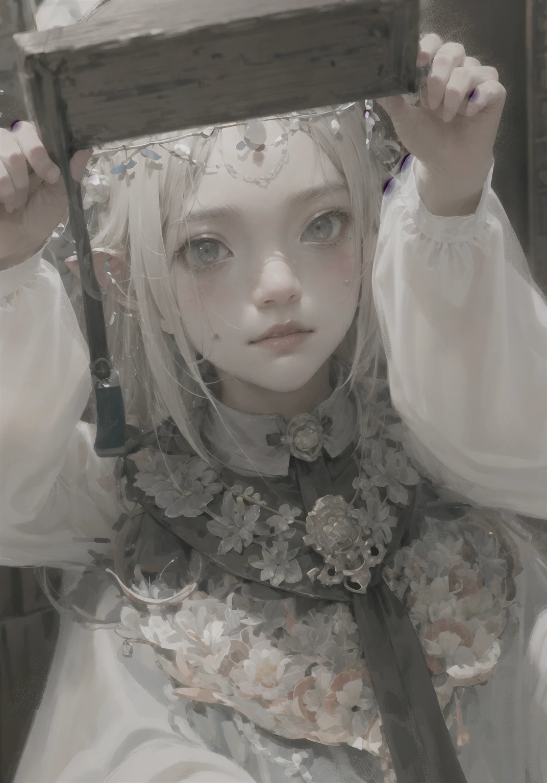 (masterpiece), (High resolution), (Very delicate), (masterpiece: 1.2, highest quality),Angel、The girl who guides the dead to heaven、Cute face、Expressionless、 scribble, nightmare, Doll-like face, Manga Style, rough sketch, Manga Styleイラスト, Japanese painting, whole body,(snap shot), Flat Illustration, Creepy Appearance, Unique atmosphere、White God on a Skeleton、