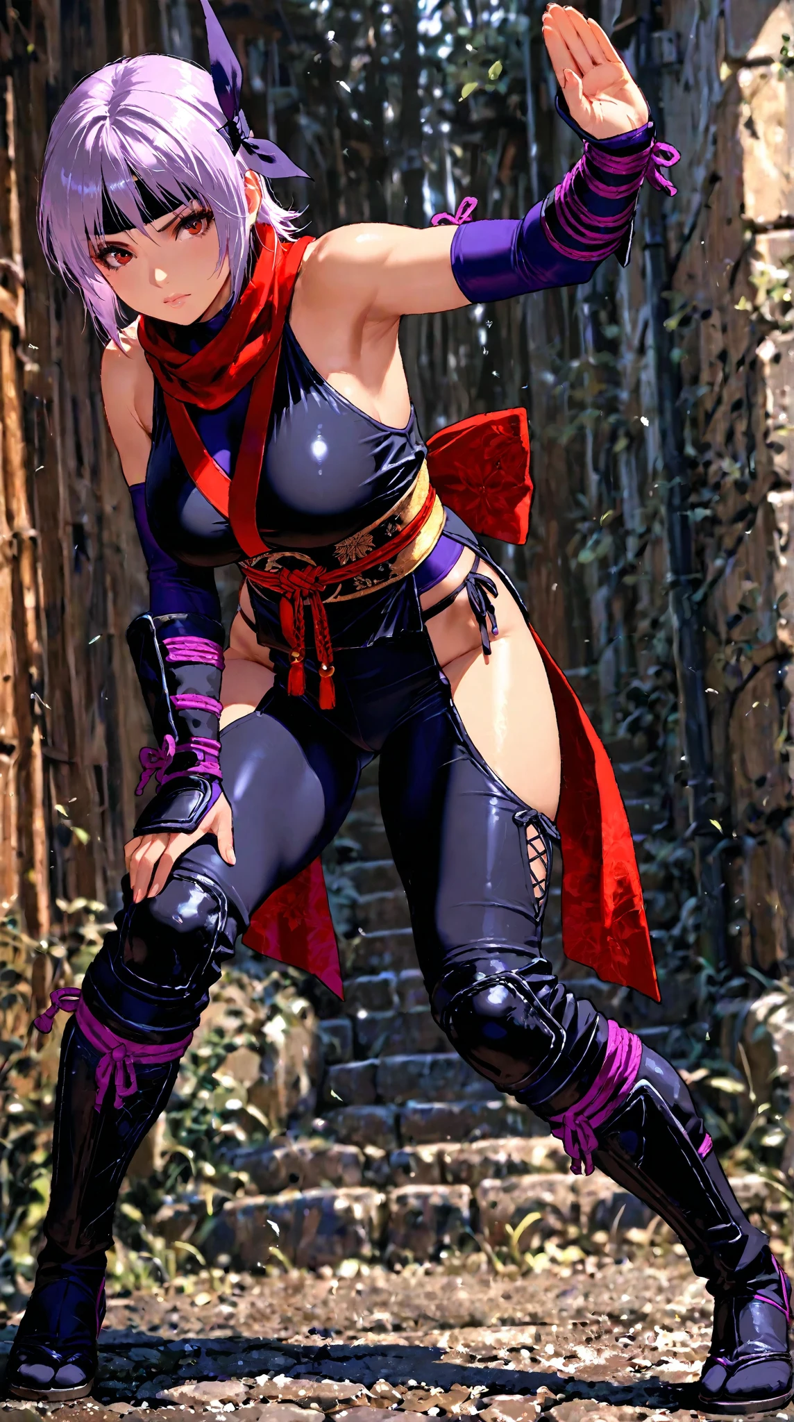 4K, psyloke, mulher sexy, cabelo roxo, cabelo amarrado, corpo musculoso, traje azul de couro, faixa vermelha na cintura.