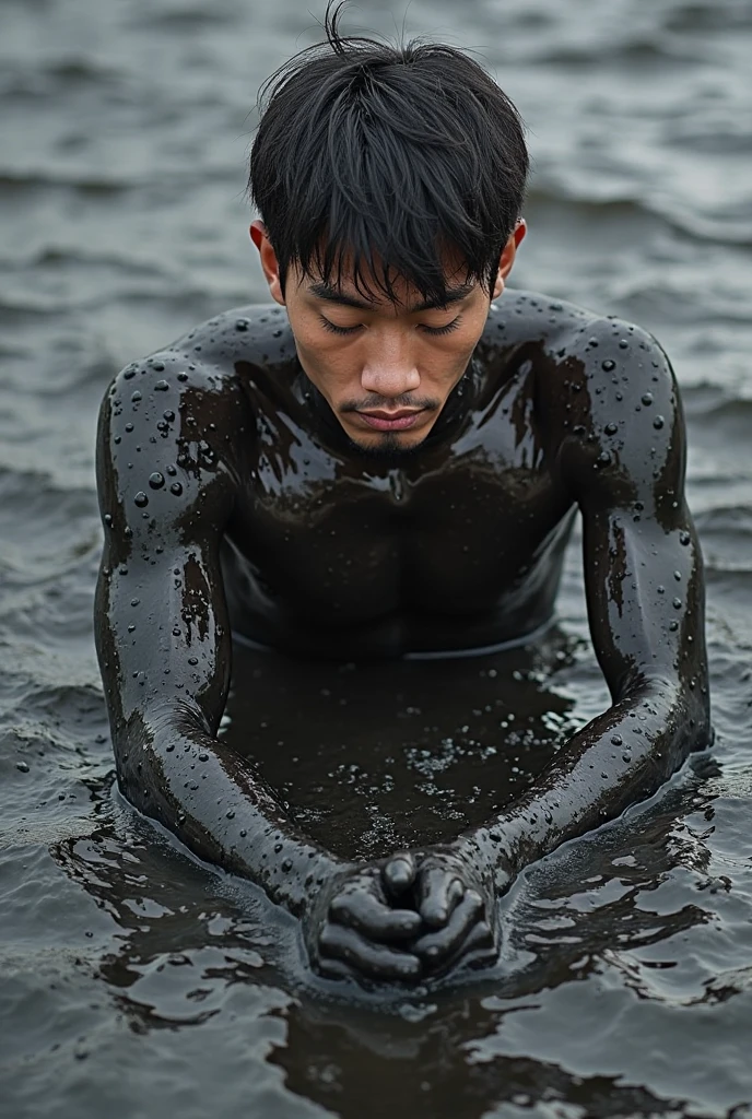 shirtless muscular man, sinks in a mud pit down to his shoulders, mud smudged on his toned chest and face to emphasize context of struggling to get out of the mud pit, determined face expression, 