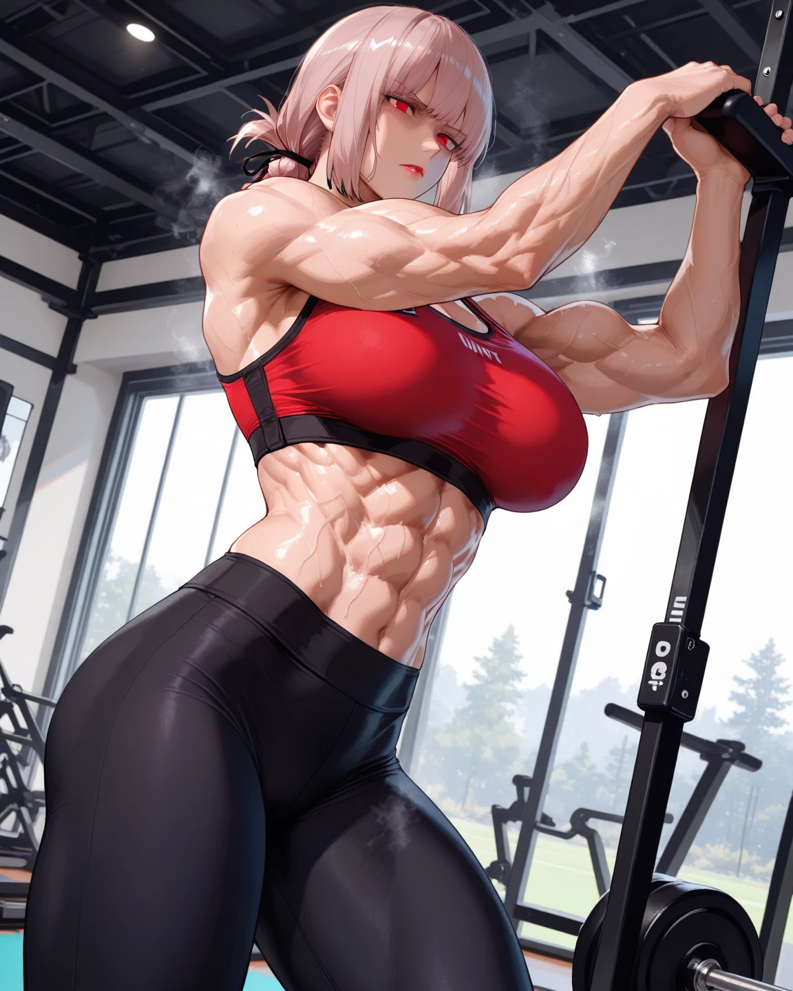 masterpiece, 4k, portrait, cowboy shot, (PLAYGROUND BACKGROUND), professional artwork, intricate details, colorful, digital blending, (ultra detailed body, ultra detail hair, ultra detail face), trending on pixiv, kind smile, best quality, anime style: 1.9, 1girl, hires, haruno sakura, (forehead mark, milf, red hairband, pale skin, (small breasts), short hair, ((red bikini)), ((navel, belly button), slender body, slender belly, bracelet, pink hair, open mouth, big eyes), smile, beach, wind, floating hair, detailed arms, off-shoulders, broad shoulders, (((both) hands spreading to both sides)), fancy couch, relaxing, laying, talking, looking at the viewer))), (((flexing))), (((ultra detailed arms)))). (((curvy: 1.2))),muscular,female,bodybuilder,strong,toned physique,ripped muscles,lean body,fitness enthusiast,empowered,confident,posing on the stage,determined expression,fierce competition,bulging biceps,sweat dripping,veins popping,athletic physique,intense workout sessions,strong legs,bulky shoulders,disciplined lifestyle,dedicated training regimen,fitness inspiration,endurance,unstoppable force,barbell,weights,exercise equipment,stamina,perseverance,sculpted arms,powerful presence,fitness model,athleticism,competition preparation,high-intensity training,competition stage,striking physique,mental fortitude,motivation,hard work,persistence,inspiring,admired by others