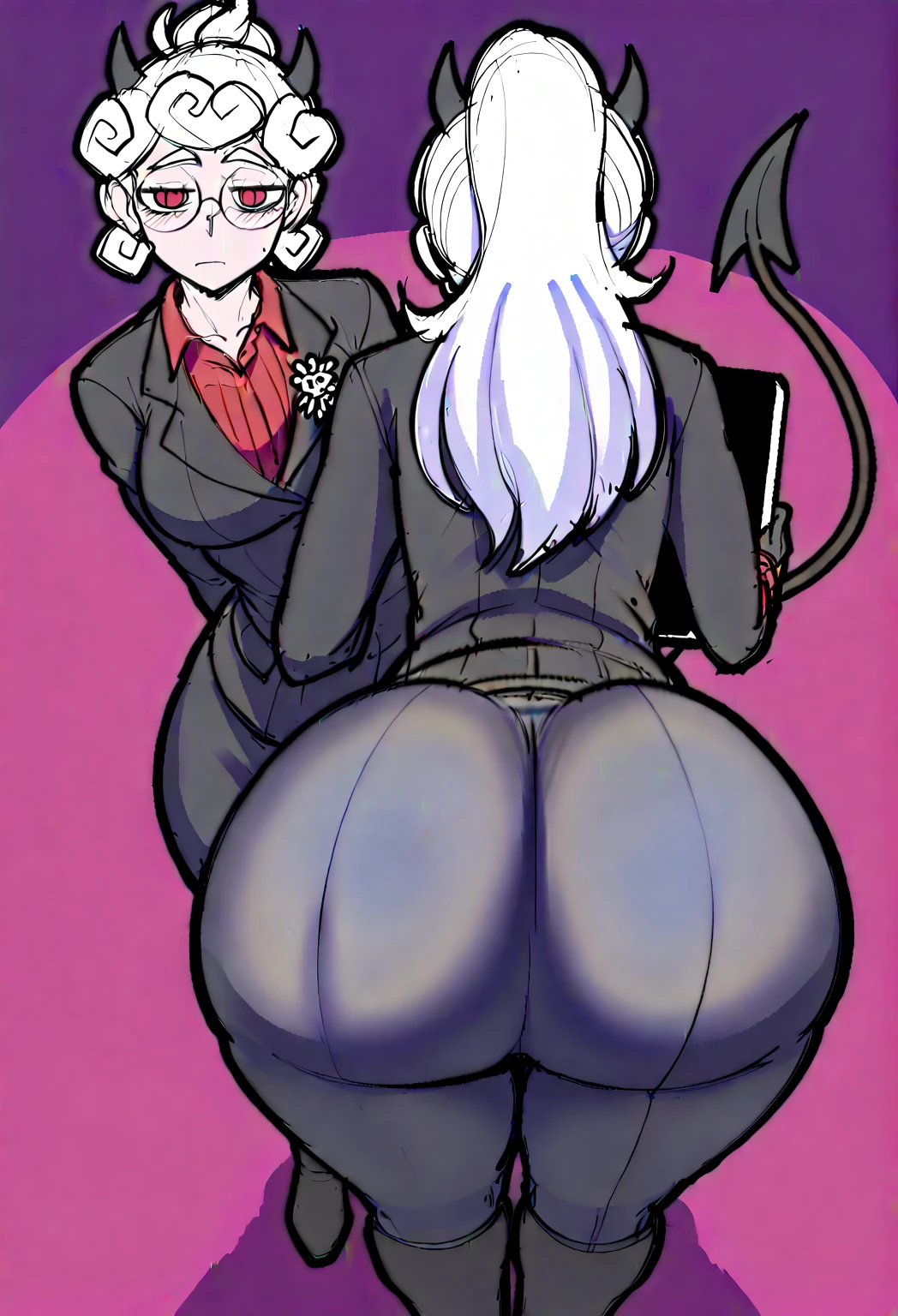 the best quality, super fine, 16k, incredibly absurd, extremely detailed, 2.5D, delicate and dynamic, a beautiful 40-year-old woman, mature woman, red skins, horns. White hair, evil smile, yellow eyes, black sclera droopy eyes, black eyebrows, strong eyebrows. High cheekbones, strong chin. Freckles. big thighs, voluptuous and wide hips. Wearing a black blouse, tweed skirt. Backwards, looking back (Looking at the wall), showing backside, showing back (back turned to the spectator view), turn off (standing in the office) legs open to the sides (legs open to the viewer) legs separed. solo (office scenary) (flirting in the office). Boss, dutch angle, rear, looking to spectator