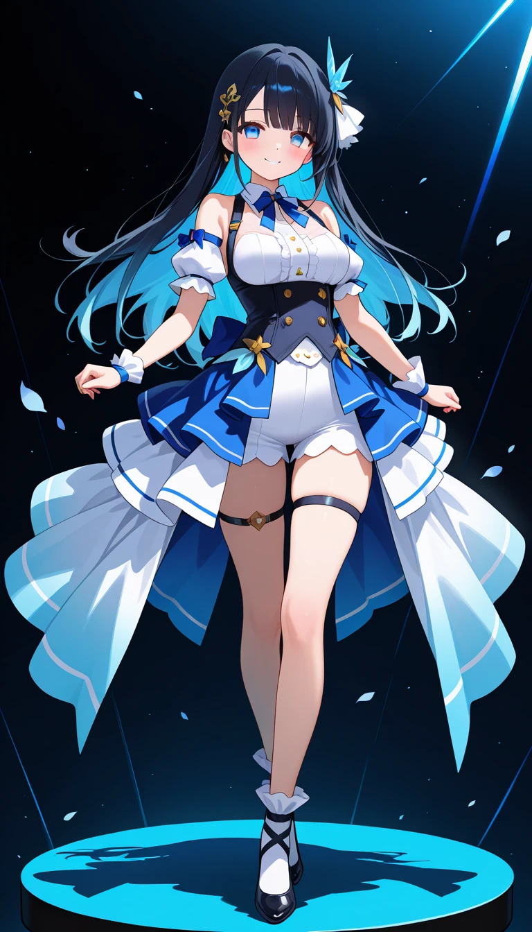 Aqua,konosuba,full body,standing,blue hair,light blue eyes,exposed belly,big thighs,long legs,blue hair,lace background,on a lace,nature background,big ,sort skirt,skirt,aqua,hands on hips 