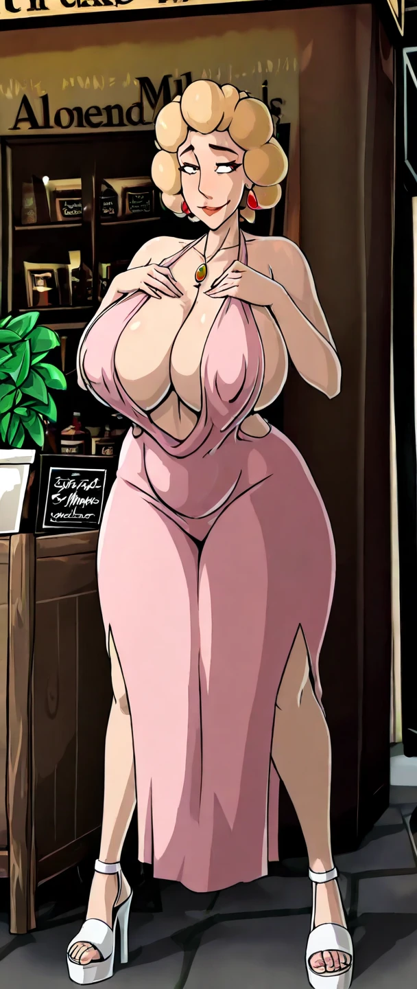 ((full body, standing), milf, 1girl, large breasts, gigantic breasts, huge breasts, heavy breasts, short hair, silver hair, light skinned female, orange eyes, large ass, Curvilinear waist, looking at the viewer, flushed face, full breasts, breasts larger than head, curvy female, curvilinear waist, mature female, mature face, leaving the bathroom, steamy bathroom, pov oppening a bathroom door, drying yourself with a towel, with the torso wrapped in a furry towel, pov vision