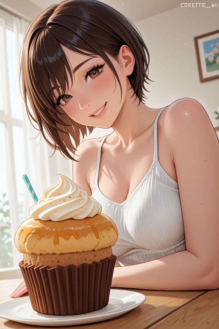(High quality, High resolution, Fine details), Sitting on a cafe terrace, shaved ice in a glass, pastel colors, Summer Clothing, solo, curvy adult women, light brown hair, sparkling eyes, (Detailed eyes:1.2), smile, blush, Sweat, Oily skin, Soft tones, shallow depth of field