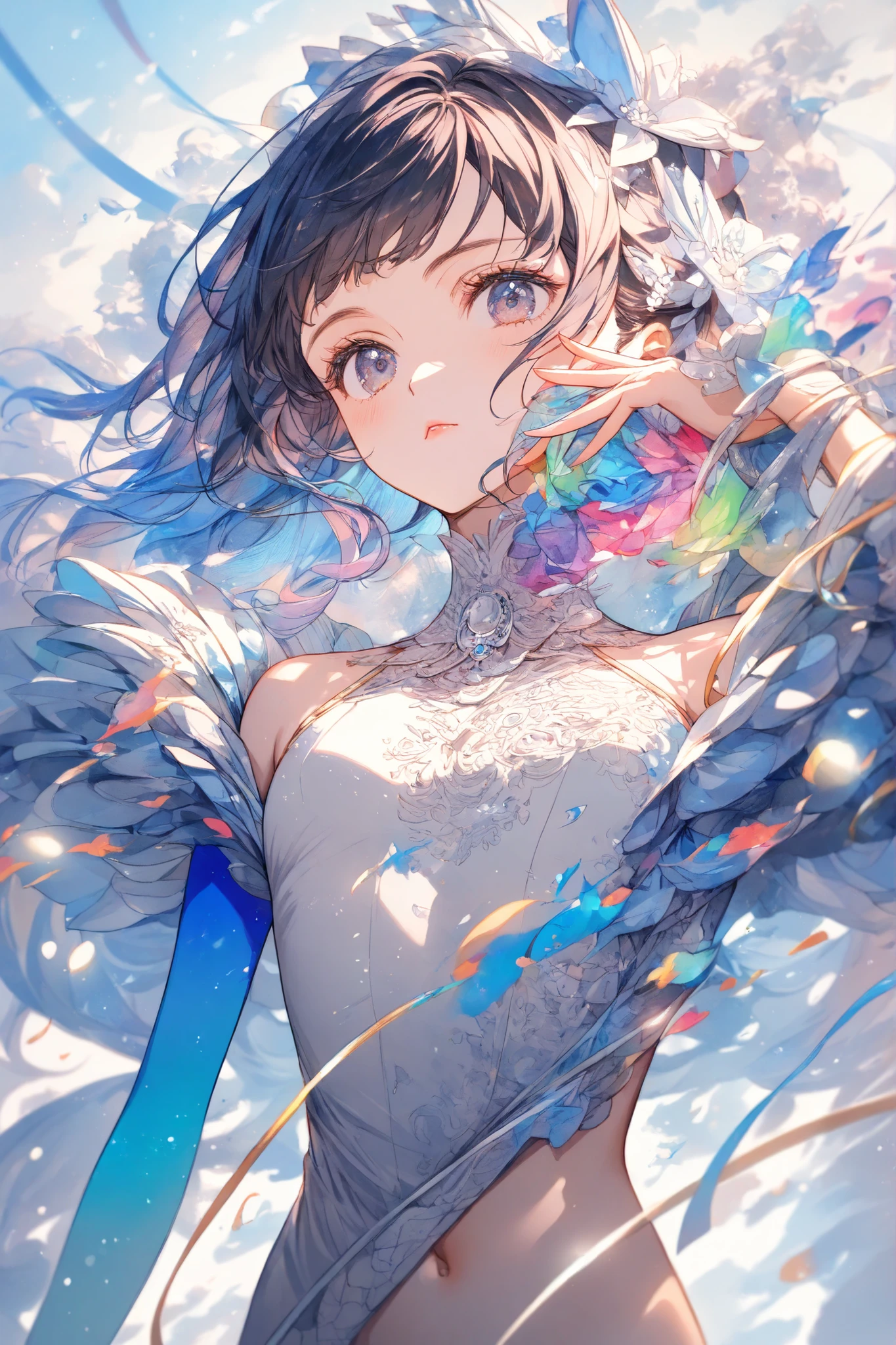 masterpiece,top quality,Super Detailed,8k,watercolor　colorful　upper body lift　One Piece　girls　灰色の髪　light　ribbon pop, (flat chest:0.8)