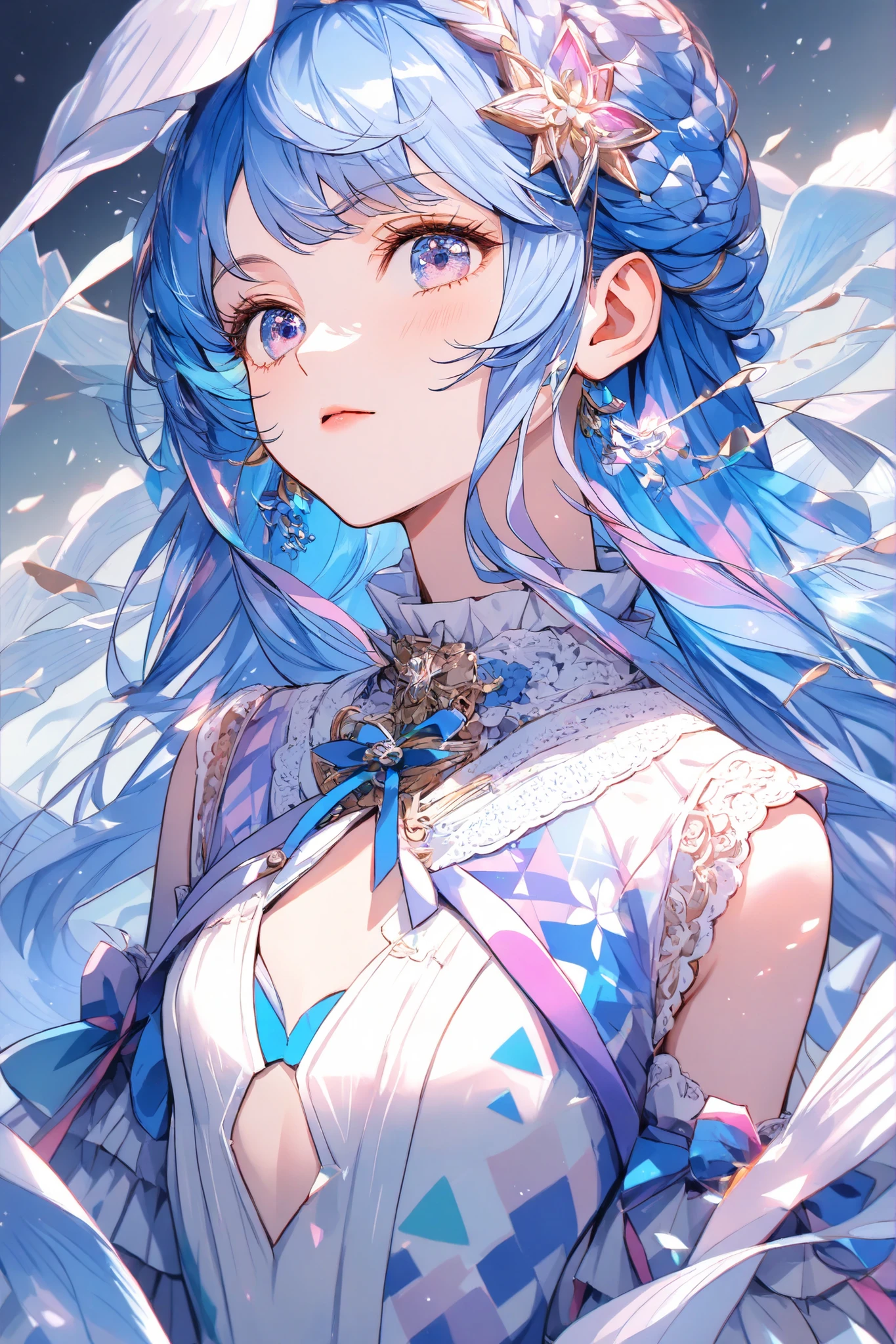 masterpiece,top quality,Super Detailed,8k,watercolor　colorful　upper body lift　One Piece　girls　灰色の髪　light　ribbon pop, (flat chest:0.8)