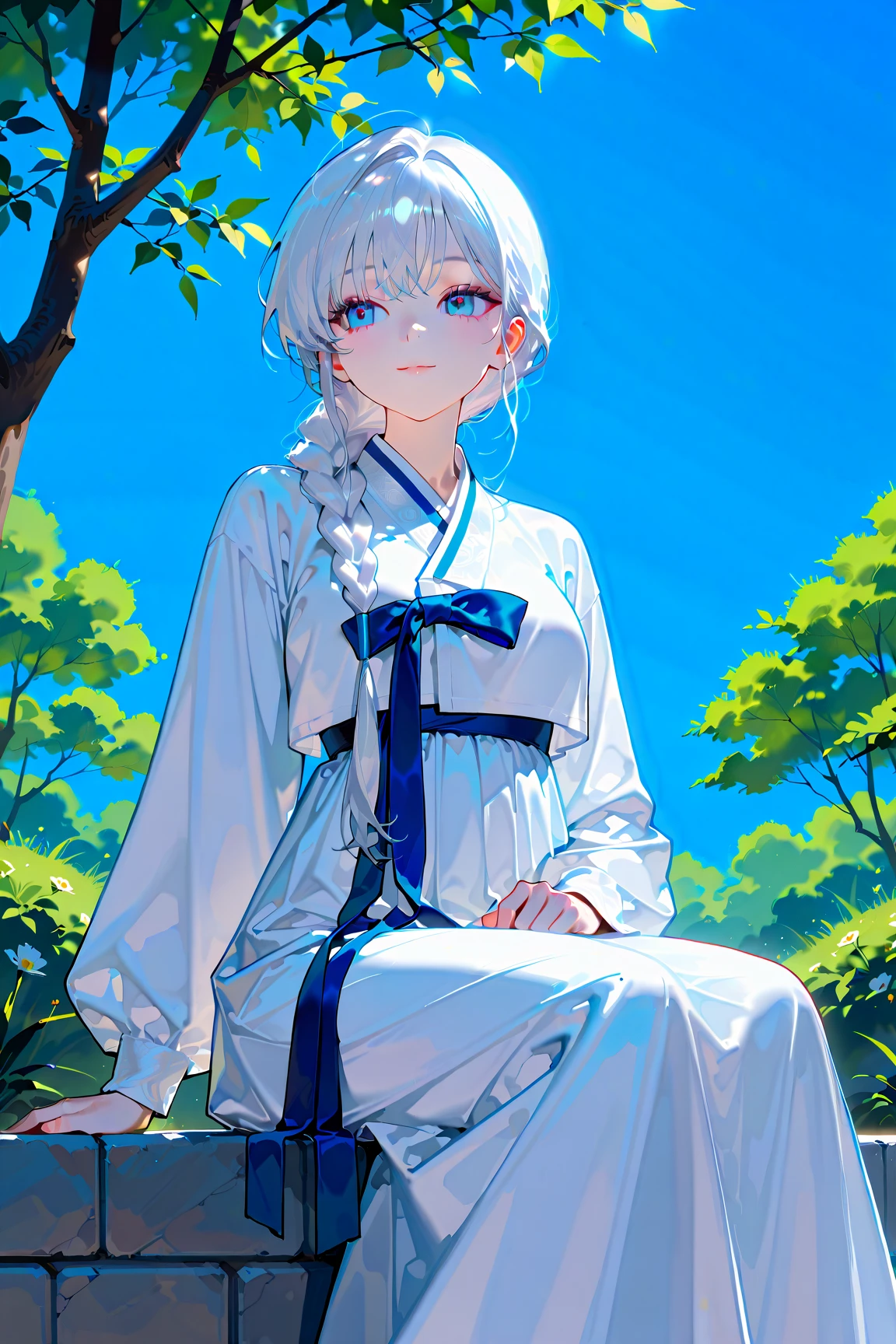 top 품질로 top,masterpieces,animation style,Extremely Delicate and Beautiful, Very detailed,oriental style,8k, flowing along detailed ,masterpieces,top 품질,top,very detailed,Super detailed,high resolution, Very detailed,beautiful and detailed girl,Extremely Detailed Eyes and Faces Beautiful Detailed Eyes, light shines on the face,)Braided hair in one),(korea hanbok:1.1),1 girl,풀 바디masterpieces,1 girl,((white silver hair,blue eye)),white and sky color hanbok, garden background,korea,korea cloth,pixiv art style, Traditional Korean Costumes, hanok
