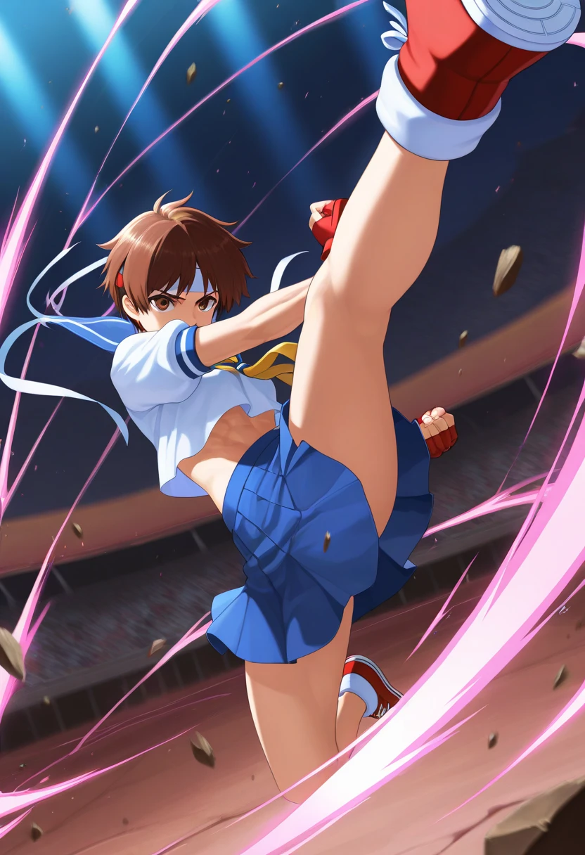 Left foot, barefoot, soles facing viewer, arched foot, toes bent backwards, karate high kick