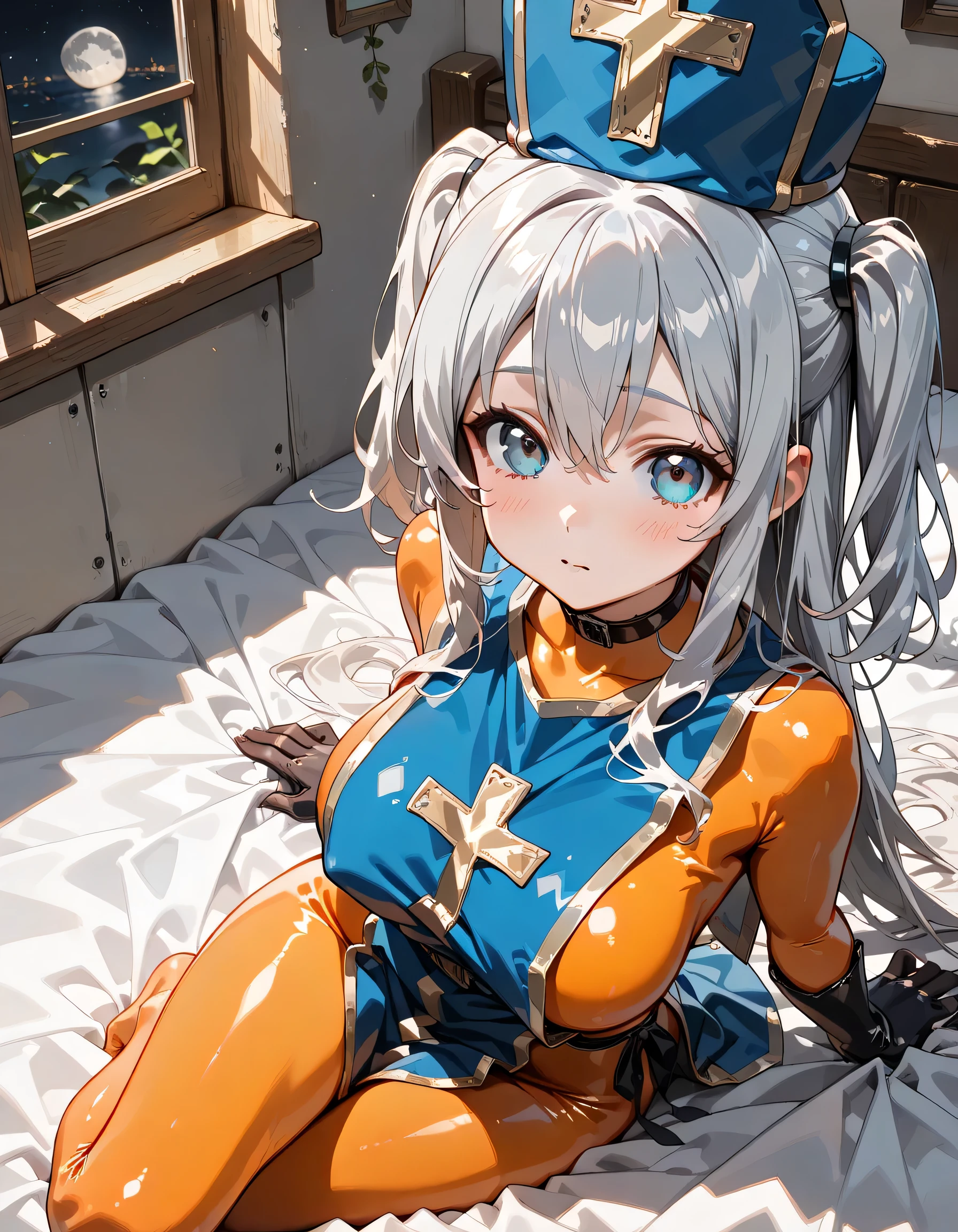 ((ultra-detailed)), (highly detailed CG illustration), (best quality:1.2), ultra-highly detailed, colorful composition, artistic photoshoot, 1girl, solo focus, upper boy, moe anime character, girl, dainty facial structure, baby face, round face, rounded chin:1.2, ideal ratio body proportions, celia-default, celia claire, blue eyes, jitome, half-closed eyes, sagging eyes, silver hair color:1.3, two side up, open clothes:0.5, hair ribbon with pink, ample breasts, priest(dq3), covered collarbone, gloves, hat, thighs, tabard, mitre, blue headwear, latex, latex bodysuit, orange bodysuit, bodysuit, skin tight, latex gloves, blue tabard, cross, cross print, (shy:1.3), blush:1.3, ultra-beautiful girl, fluttering hair, best quality, masterpiece, night:1.3, lie down on the bed:1.3, European style wooden room, Wooden frame window, moon, dynamic pose, from above, expecting, pink cheek, light pink gloss slip, portrait, depth of field, soft lighting, sidelighting, moonlight, lighting, caustics, ray tracing, perfect face, lustrous skin, highly detailed face, highly detailed eyes, perfect face, perfect nose, perfect hair, perfect eyes, perfect anatomy, beautiful hair, beautiful small face, extremely detailed face, beautiful detailed eyes, beautiful clavicle, beautiful body, beautiful ample breasts, leavage, breasts squeezed together, equalize the size of the left and right breasts, beautiful thin thighs, beautiful legs, beautiful fingers, 4 fingers, 1 thumb, lovely, (very detailed background:1.0), (highly detailed background:1.0), summer aesthetic, intricate details, moonlight atmosphere, summer colors palette, chromatic aberration