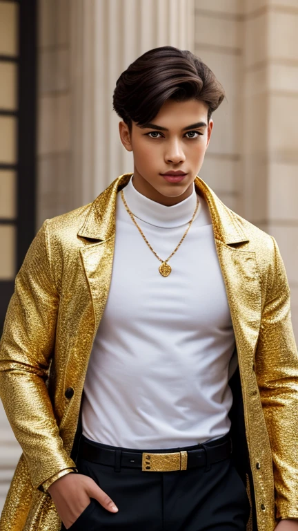 A with very large hanging eyes and golden eyes(( Gold、 gold))A beautiful boy with a very thin chin((Mash perm hair with round bangs))Prince Eminbi is Impish Smile