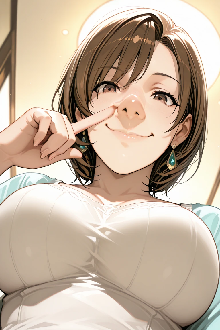 GillyMcrolan, brown eyes, brown hair, medium hair, best quality, masterpiece, ultra-detailed, high quality, beautiful, beautiful and perfect face, open mouth, nude, penis over eyes, open mouth, 1girl, tongue out, makeup, cum, cum in mouth, facial, cum on tongue, uncensored, nipples, breasts out, 1boy, lipstick, large breasts, upper teeth only, cumdrip, hetero, cum on body, no bra, veiny penis, testicles, penis, erection, tongue, huge penis, jewelry, solo focus, earrings, cum on breasts, necklace, grey hair, penis on face