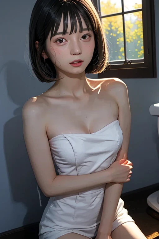 8k、High resolution、maid clothes fashion、beautiful girl、slender body、young、white skin,、narrow eyes,high nose,lighting that illuminates the face、clear image、intellectual beauty、Eyes staring straight ahead、skinny、no makeup、short hair、anxious look、lighting that illuminates the face,shining hair、