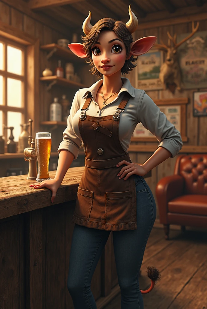 cait, green eyes, short red hair, brown vest, midriff, belt, brown pants, dirty clothes, elbow gloves, looking at viewer, smiling, evil grin, blush, medium shot, standing, inside bar, holding pint of beer, hand, middle finger,  high quality, masterpiece,<lora:cait:.8> <lora:midfinger-left-v2-wasabiya:1>