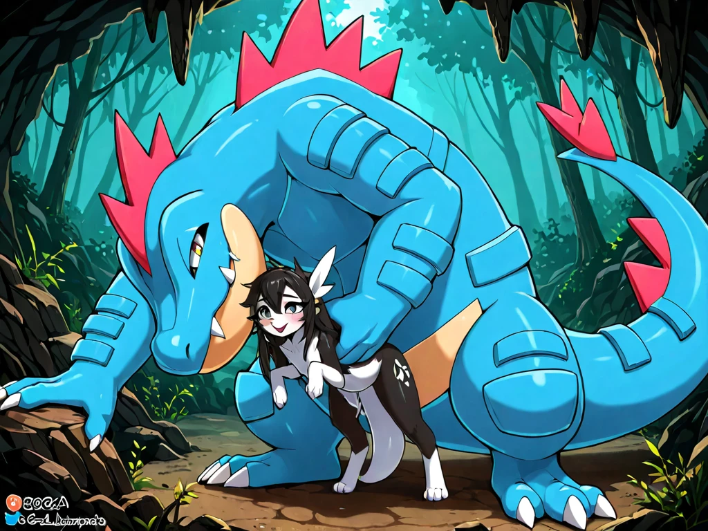 A sweaty exhausted naked cave woman is exhausted, her pet blue velociraptor sniffing and deeply tonguing her gaping anus. it has become very aroused and extended its enormous knobby penis (huge glans, shaft the length of its body) she has love on her exhausted face, she is enjoying the dinosaur tonguing her anus