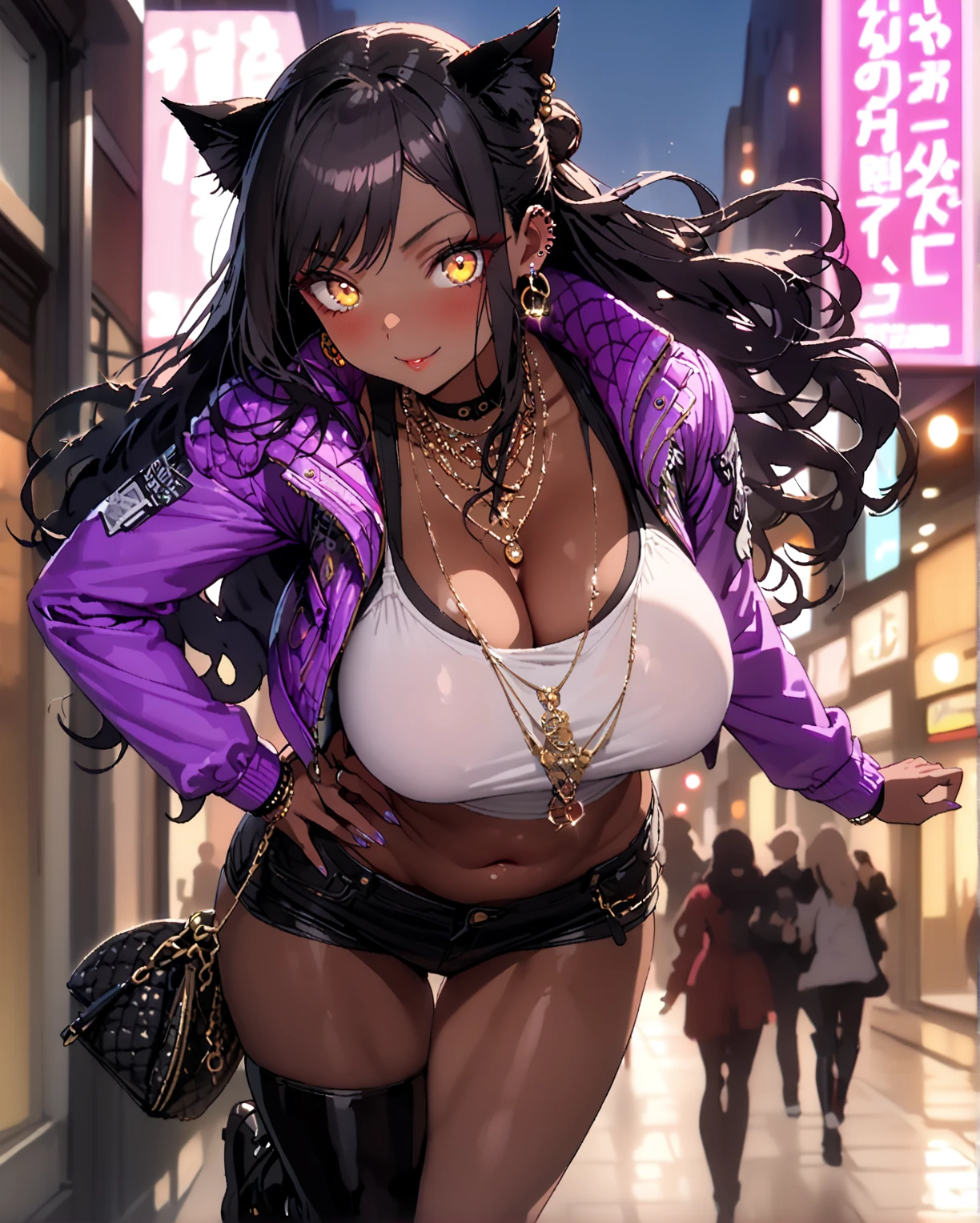 masterpiece、highest quality、highest quality、Accurate the human body、Accurate、Elaborate、masterpiece、Every detail of the face、Long-tailed, Dark Skin, Woman with dark skin, Side Ponytail, hair ornaments, Hair Clip, White oversized long shirt with open neckline、No underwear, Bra visible through clothes, Black choker, Purple scrunchie, bracelet, Thigh straps, Detailed Background, whole body, Detailed Background, alone,Big cleavage、(Super large 、Sweat vapor:1.5、Oily skin:1.3)、(Cute pose、Grin、Mesugaki Smiles:1.3 、Mature adult woman、Absolutely safe、Small face、Beautiful Girlfriend、night:1.8, nightの街、nightの風俗街:1.5, In front of a Japanese love hotel:1.5, Neon-lit hotel district)、Backstreet Call Girls
