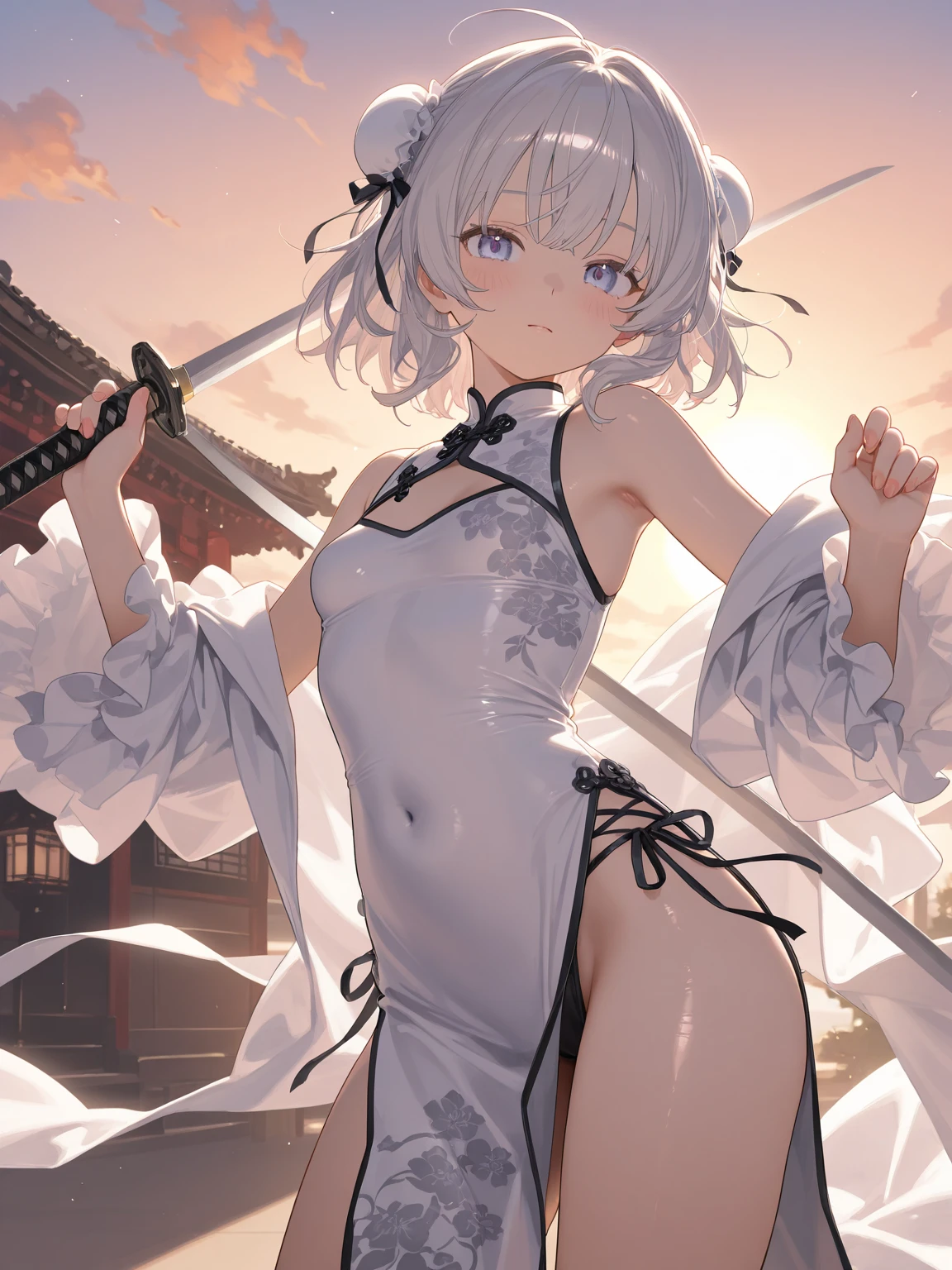 {{{masterpiece}}}, {{{best quality}}}, {{ultra-detailed}}, {illustration}, {{an extremely delicate and beautiful}},(Edo townscape),1girl,nervous, cute girl, solo, japanese clothes, oni,two horns,short hair, (white hair:1.5),weapon,( sword:1.2), brown eyes, looking at viewer, kimono,(Clothes come off:1.5), brown hair, lips, hand on hip,( sheath:1.2),( katana:1.3), full body, closed mouth, sheathed, hand up,(upskart:1.5),(white panties:1.2),standing on one knee