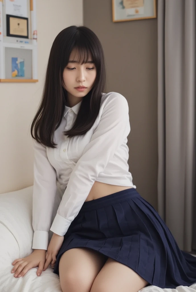 Japanese school girl, transparent black blouse, blouse is open, lies in the bed, spread legs, slightly opened vagina, cucumber stuck in vagina