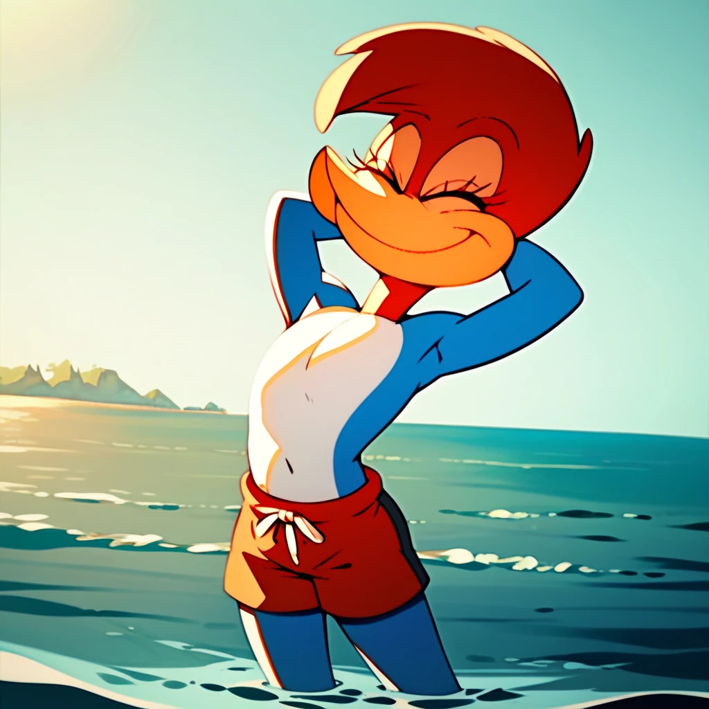 (Movie poster), Disney Pixar style, (Text "sex"), featuring a naked woman, smiling in the beach, spreading her legs, A flattering look