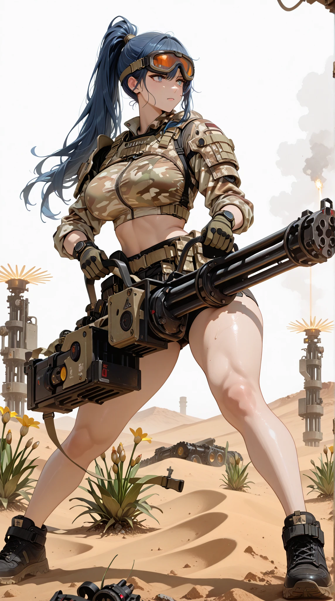 Masterpiece, best quality, amazing quality, super detailed, Newest, Very Aesthetic, 1 girl, Strike a pose,holding a remote-controlled weapon,  Gatlin machine gun  ,  Big breasts,  Thick Legs ,Difuse light, high resolution, Bud,  Desert Camouflage，blue hair,Single ponytail, long hair, High Ponytail,  wearing goggles,  cropped top, One-handed armor, Tool Belt, chapter, black shoes,  