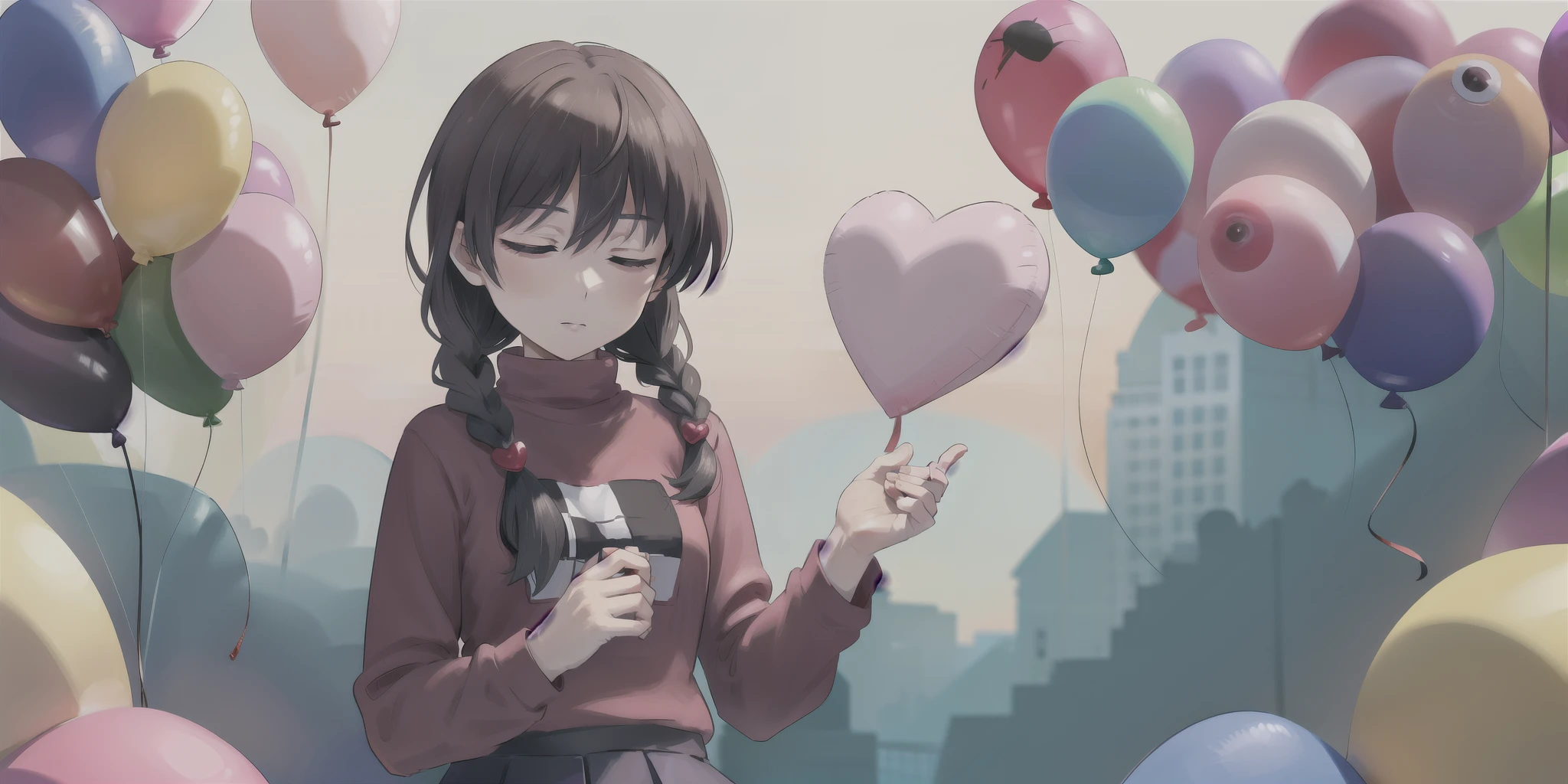 Madotsuki , pink sweater, logo, Skirt, closed both eyes, Heart in the palm, upper body, shadow, dark, Blood,balloon, In a dream,