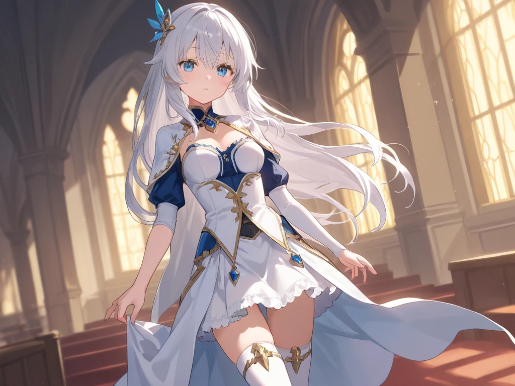 masterpiece,best quality,Melusine,1girl,solo,white hair,yellow eyes,looking at viewer,thighhighs,gloves,white thighhighs,dress,blue dress,frills,black gloves,thighs,long sleeves,petals,flower,cape,<lora:Melusine_SDXL_V1:0.9>,