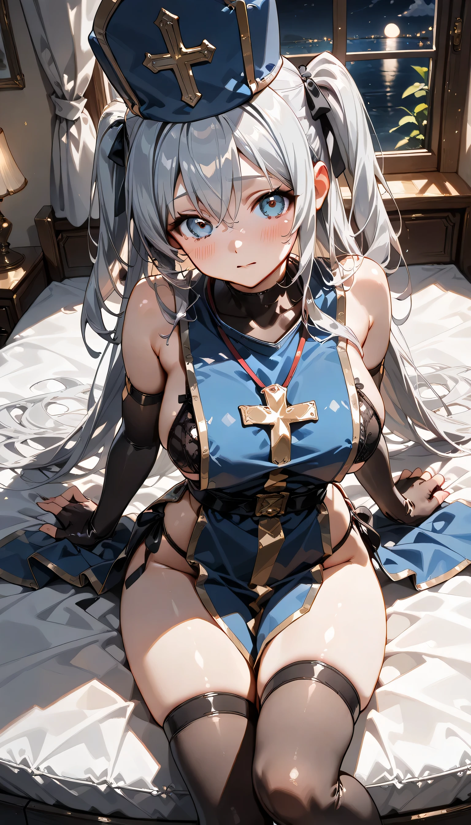 ((ultra-detailed)), (highly detailed CG illustration), (best quality:1.2), ultra-highly detailed, colorful composition, artistic photoshoot, 1girl, solo focus, upper boy, moe anime character, girl, dainty facial structure, baby face, round face, rounded chin:1.2, ideal ratio body proportions, celia-default, celia claire, blue eyes, jitome, half-closed eyes, sagging eyes, silver hair color:1.3, two side up, open clothes:0.5, hair ribbon with pink, ample breasts, priest(dq3), covered collarbone, gloves, hat, thighs, tabard, mitre, blue headwear, black bra, black panties, latex gloves, blue tabard, cross, cross print, (shy:1.3), blush:1.3, ultra-beautiful girl, fluttering hair, best quality, masterpiece, night:1.3, lie down on the bed:1.3, European style wooden room, Wooden frame window, moon, dynamic pose, from above, expecting, pink cheek, light pink gloss slip, portrait, depth of field, soft lighting, sidelighting, moonlight, lighting, caustics, ray tracing, perfect face, lustrous skin, highly detailed face, highly detailed eyes, perfect face, perfect nose, perfect hair, perfect eyes, perfect anatomy, beautiful hair, beautiful small face, extremely detailed face, beautiful detailed eyes, beautiful clavicle, beautiful body, beautiful ample breasts, leavage, breasts squeezed together, equalize the size of the left and right breasts, beautiful thin thighs, beautiful legs, beautiful fingers, 4 fingers, 1 thumb, lovely, (very detailed background:1.0), (highly detailed background:1.0), summer aesthetic, intricate details, moonlight atmosphere, summer colors palette, chromatic aberration