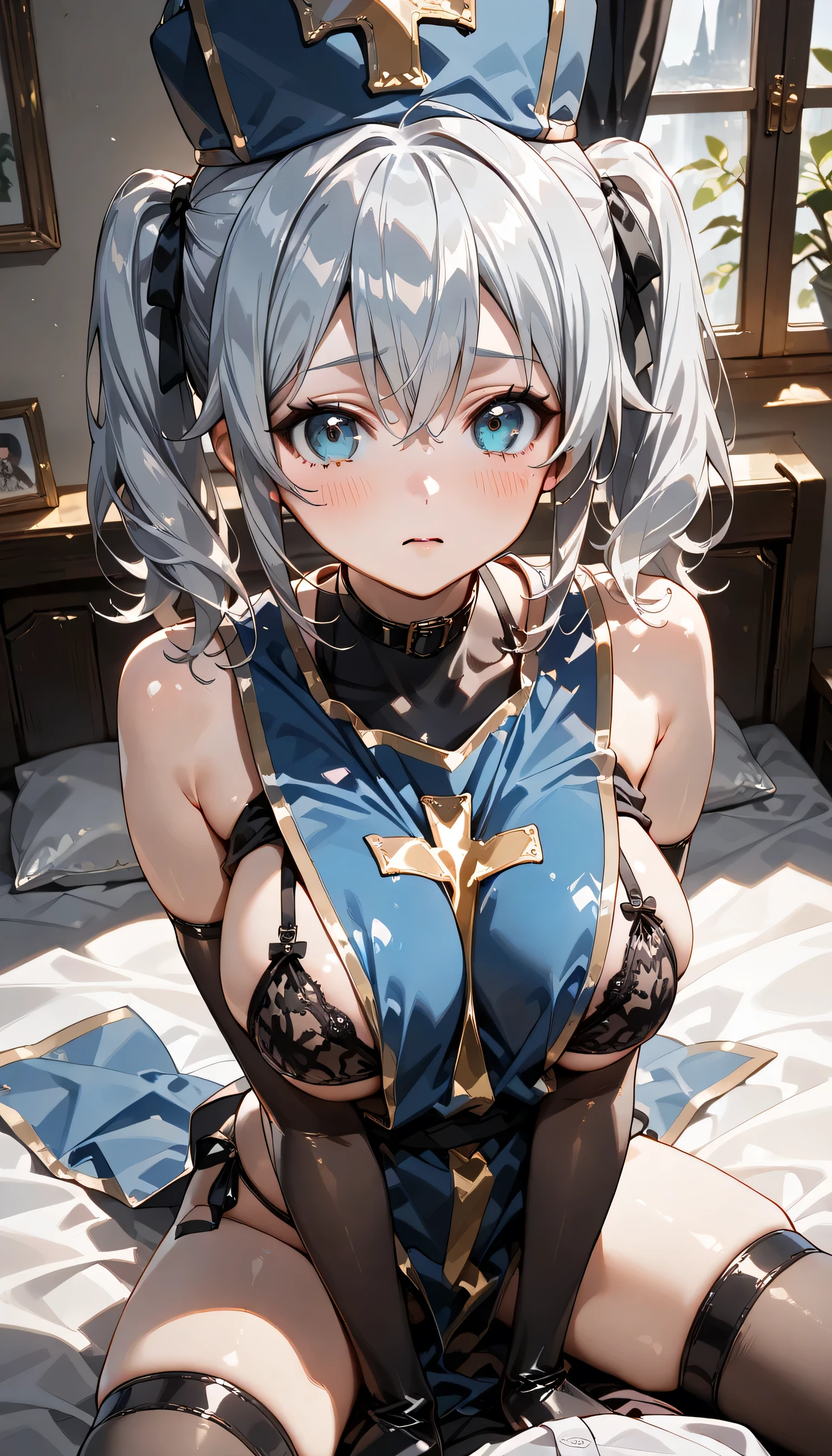 ((ultra-detailed)), (highly detailed CG illustration), (best quality:1.2), ultra-highly detailed, colorful composition, artistic photoshoot, 1girl, solo focus, upper boy, moe anime character, girl, dainty facial structure, baby face, round face, rounded chin:1.2, ideal ratio body proportions, celia-default, celia claire, blue eyes, jitome, half-closed eyes, sagging eyes, silver hair color:1.3, two side up, open clothes:0.5, hair ribbon with pink, ample breasts, priest(dq3), covered collarbone, gloves, hat, thighs, tabard, mitre, blue headwear, black bra, black panties, latex gloves, blue tabard, cross, cross print, (shy:1.3), blush:1.3, ultra-beautiful girl, fluttering hair, best quality, masterpiece, night:1.3, lie down on the bed:1.3, European style wooden room, Wooden frame window, moon, dynamic pose, from above, expecting, pink cheek, light pink gloss slip, portrait, depth of field, soft lighting, sidelighting, moonlight, lighting, caustics, ray tracing, perfect face, lustrous skin, highly detailed face, highly detailed eyes, perfect face, perfect nose, perfect hair, perfect eyes, perfect anatomy, beautiful hair, beautiful small face, extremely detailed face, beautiful detailed eyes, beautiful clavicle, beautiful body, beautiful ample breasts, leavage, breasts squeezed together, equalize the size of the left and right breasts, beautiful thin thighs, beautiful legs, beautiful fingers, 4 fingers, 1 thumb, lovely, (very detailed background:1.0), (highly detailed background:1.0), summer aesthetic, intricate details, moonlight atmosphere, summer colors palette, chromatic aberration