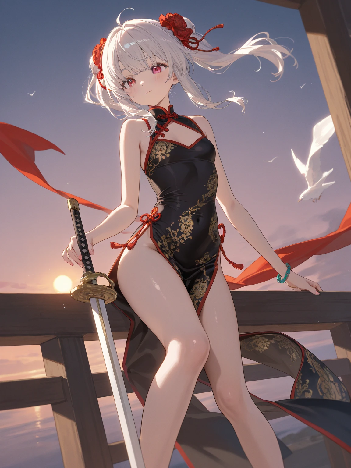 [green bamboo leaf background:1.2],from above,full body,1girl,white hair,black eyes,white china dress,(girl bound in red rope:1.25),(bound:1.2),(lying on a long bamboo leaf:1.15),looking at viewers,(zongzi:1.25),best picture quality,