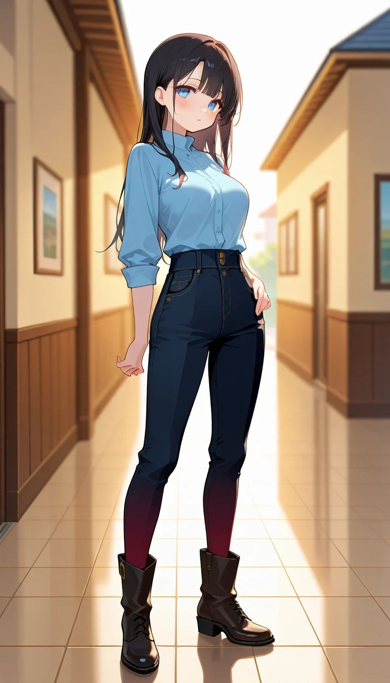 A beautiful woman, cute, attractive, beautiful, big breast, navy blue hair, short disheveled haircut, in front of her orange eye, dresses with a black striped button-down blouse, white stripes, shows her navel, wide black pants with red heels.