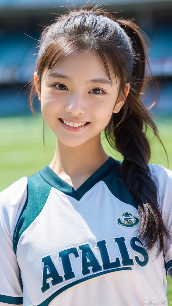 1 woman, Average Japan, Beautiful, ((Upper body selfie)),Shot at the athletics stadium, Beautiful backlight, Show Tent Opening,masutepiece, Best Quality, Ultra-detailed, Solo, (Night), Cheerful, shadowy, Contrasty, crystal clear skies, analog style (look at viewr:1.2) (Skin Texture) , (warm hue, Bright tones:1.2), Cinematic Light, side lights, 超A high resolution, Best Shadow, raw, Upper body, Wearing track and field uniform, Relaxed and intimate shots,Long hair with bangs、poneyTail、Athletics