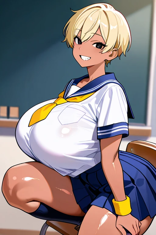masterpiece, photoreal, high definition, slim waist, long legs, wet skin, huge ass, huge breasts, masterpiece, best quality, absurdres, perfect anatomy, 1girl, solo, Evangelion, (1990s \(style\), ritsuko, blonde hair, short hair, smile, Mogudan_School_outfit, Seifuku, white thigh highs, covered in cum, wet skin, cum drip, bukkake, breast milk, cum on face, cum on tits, lip biting, kneeling, crouching, at the beach