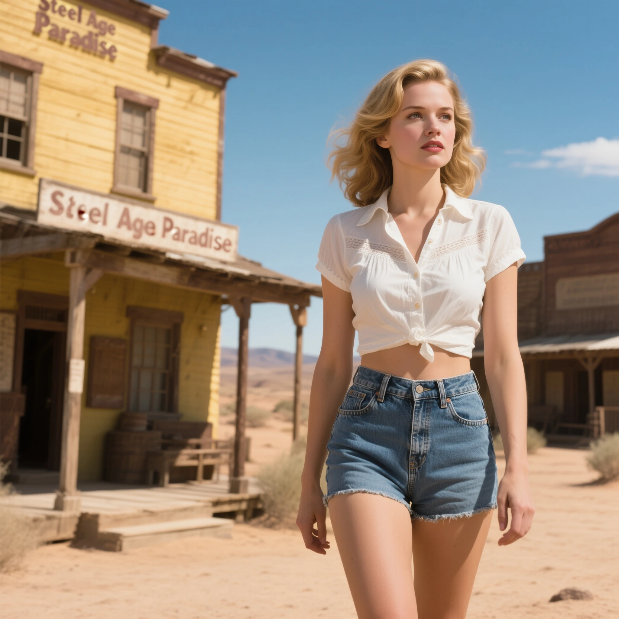 2076 year. Wasteland Ruins, Female huntress picking fruit in the garden, Beautiful face, blonde, badly torn shirt and denim shorts , Long legs, sweat, Sunrise, Nice warm colors, from head to toe, full body shot, beautiful hands, perfect fingers,