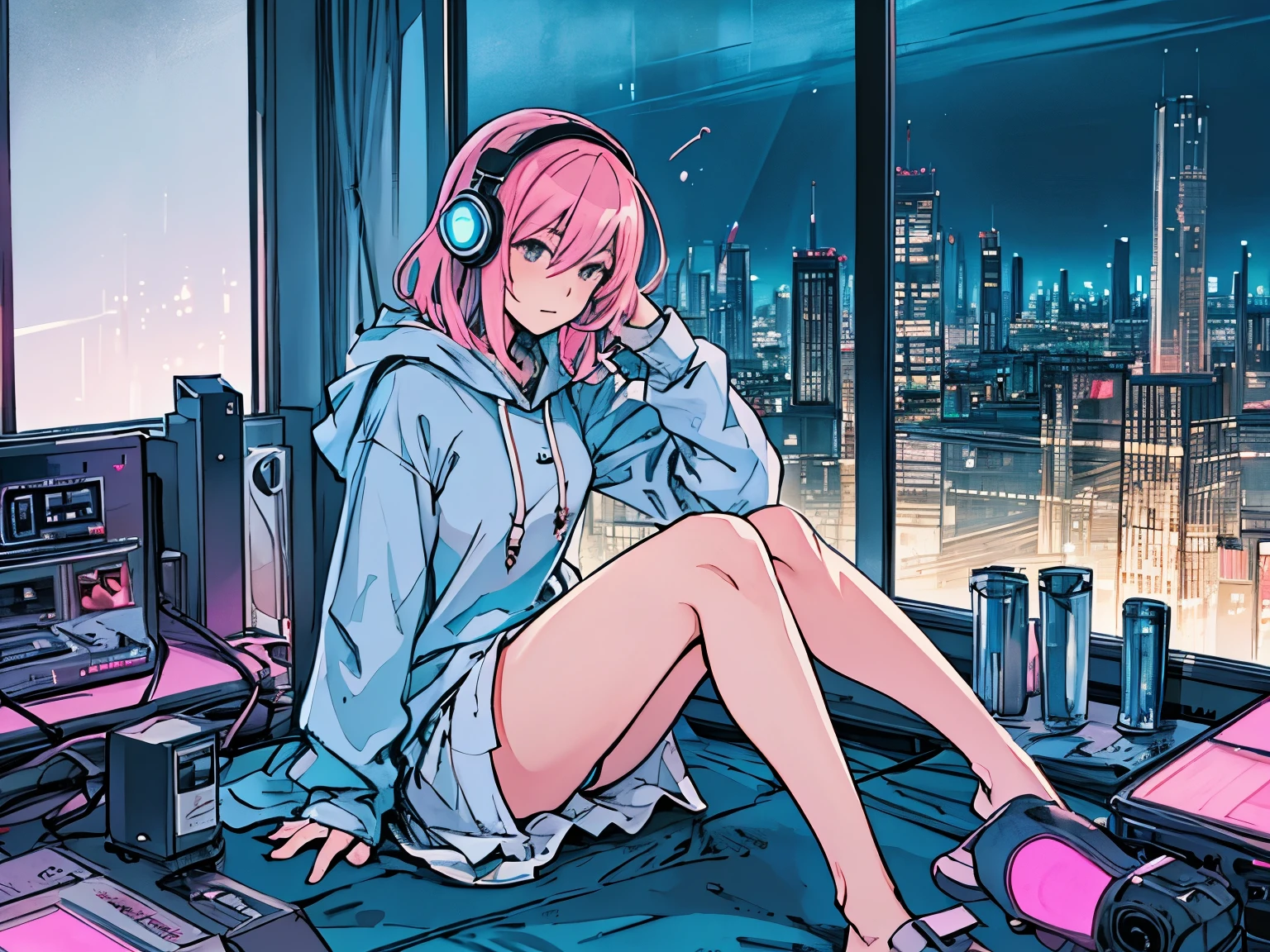 An anime-style girl sitting in a room at night, wearing large headphones and a hoodie, looking out the window with a calm expression. City skyline with tall buildings and neon lights in the background, reflected on the water. Soft lighting, dreamy atmosphere, cinematic framing, high detail, lo-fi chill vibe.