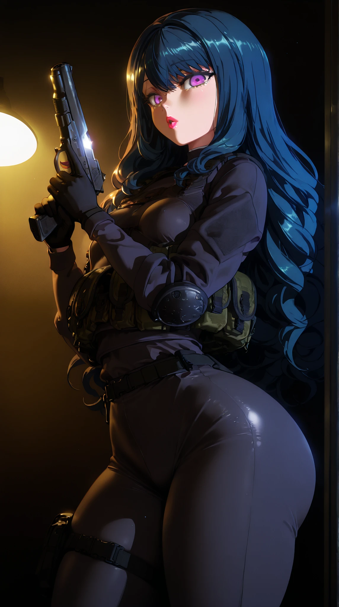 beautyfull woman, blue buns hair, blue hair, black catsuit, holsters, adult, lying in bed, red lipstick